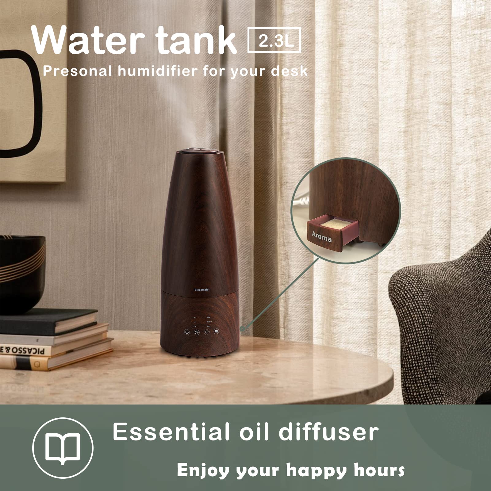 Elecameier 2.3L Cool Mist Humidifier with Remote Control - Ultra Quiet 25dB Smart Air Humidifier for Home, Bedroom, Office & Desk - Auto Shut Off & Dark Wood Design - Perfect for Dry Air Relief, Better Sleep & Improved Indoor Air Quality