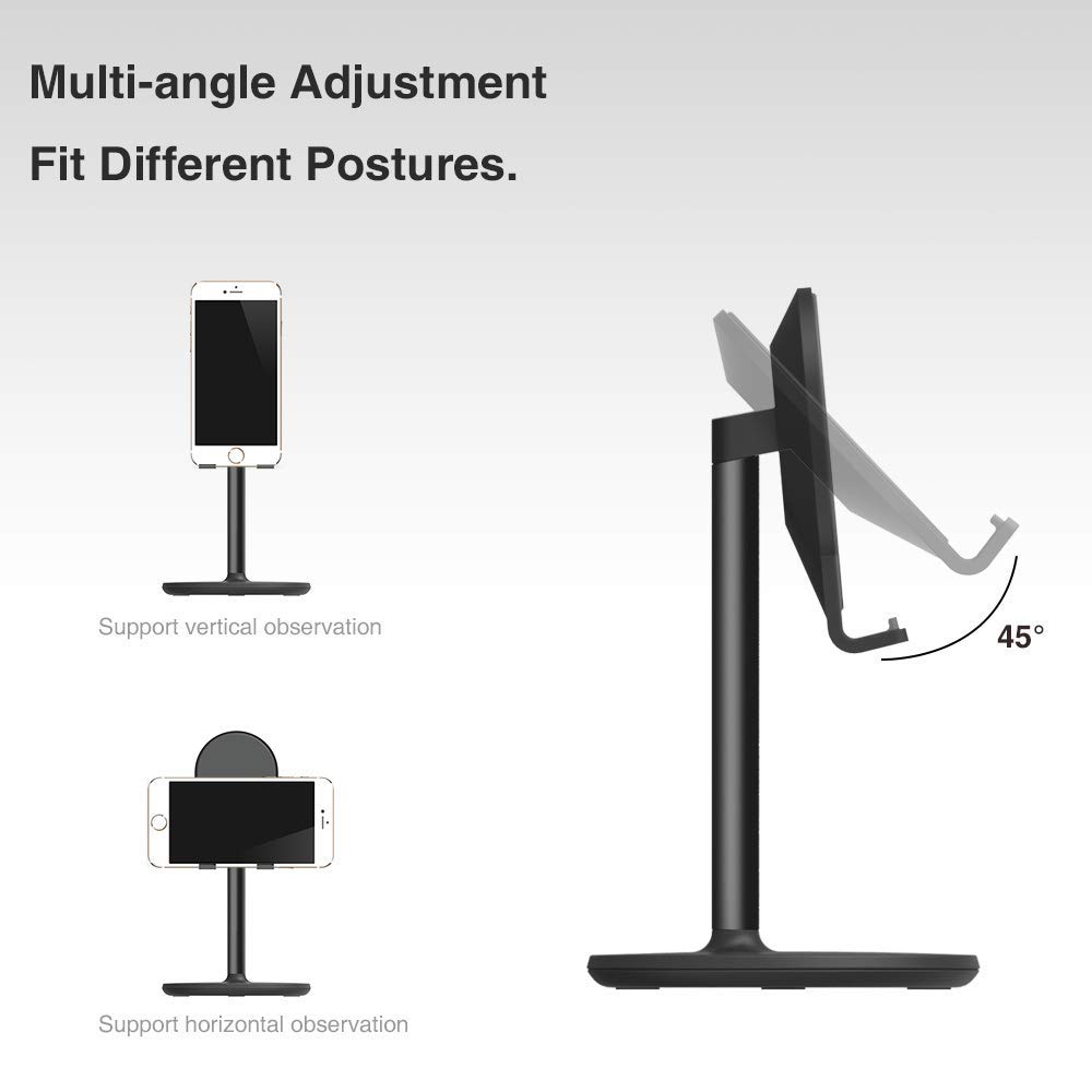 Adjustable Black Phone Stand for Desk - Universal Holder Compatible with iPhone, iPad, Tablet & Nintendo Switch (4