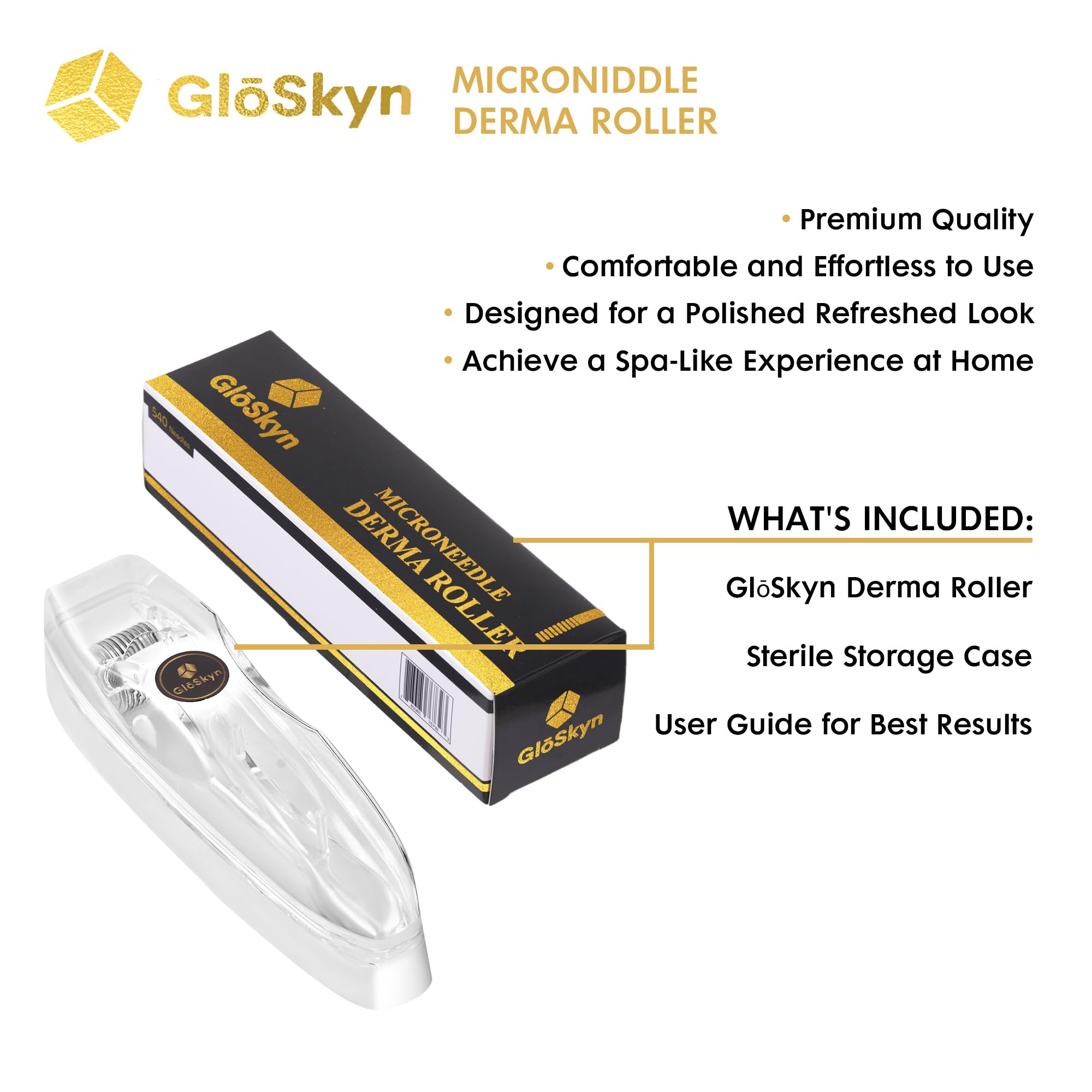 GlSkyn Derma Roller for Face, Scalp & Beard - 0.25mm Microneedling Roller with 540 Titanium Needles for Skin Rejuvenation, Hair Growth & Beard Care - Perfect for At-Home Skincare Routine & Beauty Treatments