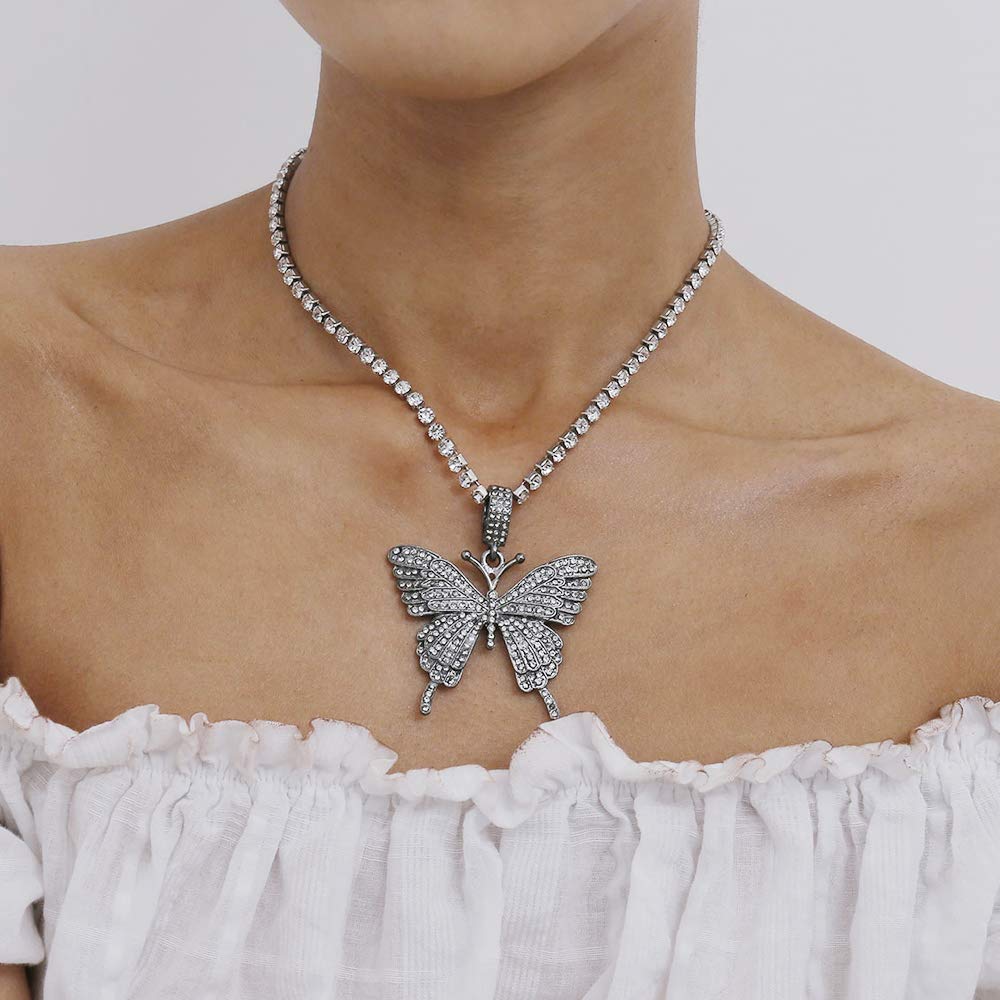 Missgrace Butterfly Rhinestone Choker Necklace - Gold & Silver Crystal Pendant Jewelry for Women, Teens, Girls - Perfect Gift for Wife, Girlfriend, Friends (Silver) | Elegant Party Wear, Prom Accessory, Valentine's Day Present