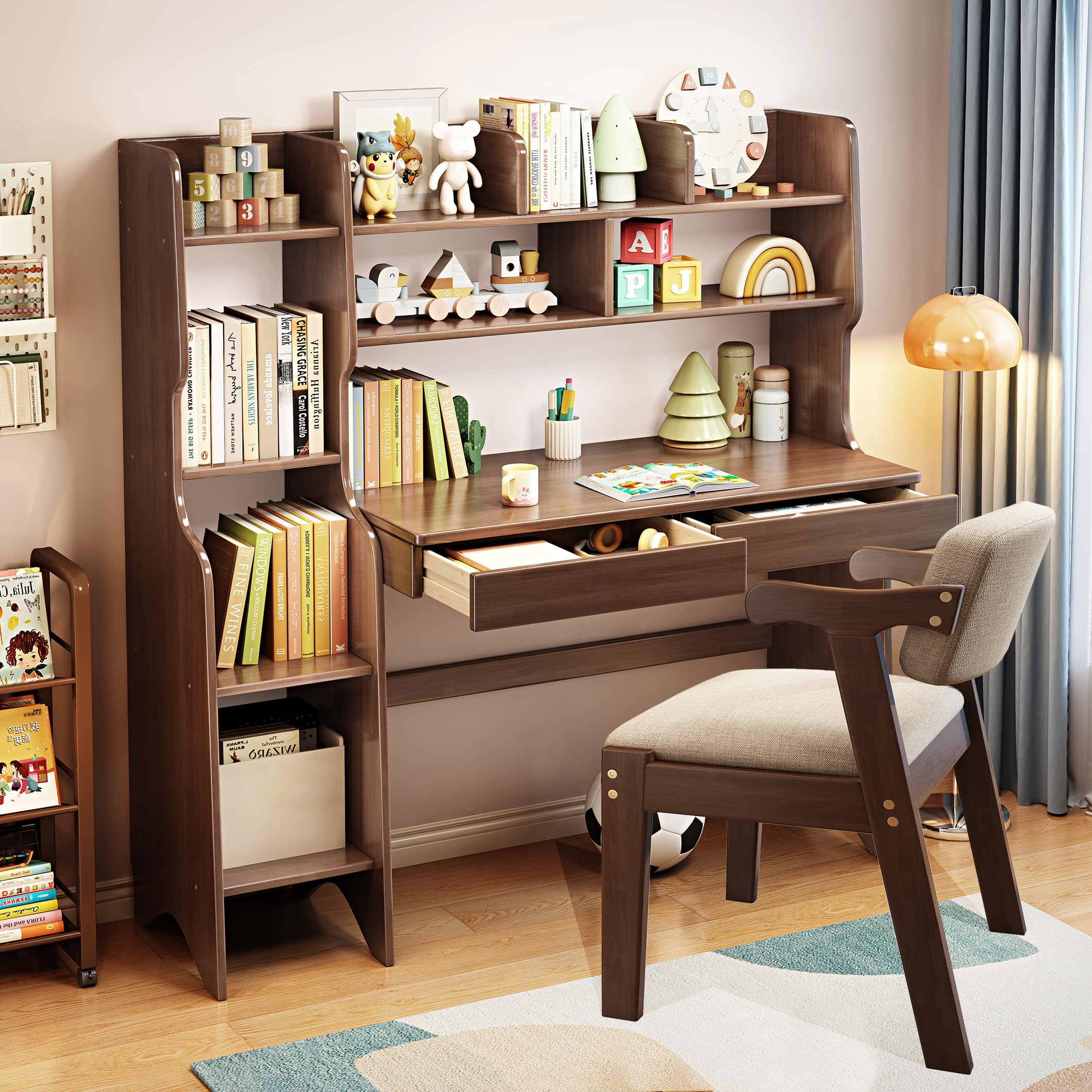 Kids Study Desk and Chair Set with Drawers & Bookshelf - Solid Rubber Wood Children's Learning Table, Computer Workstation, Writing Desk for Home & School (Brown) - Perfect for Homework, Online Classes & Creative Activities