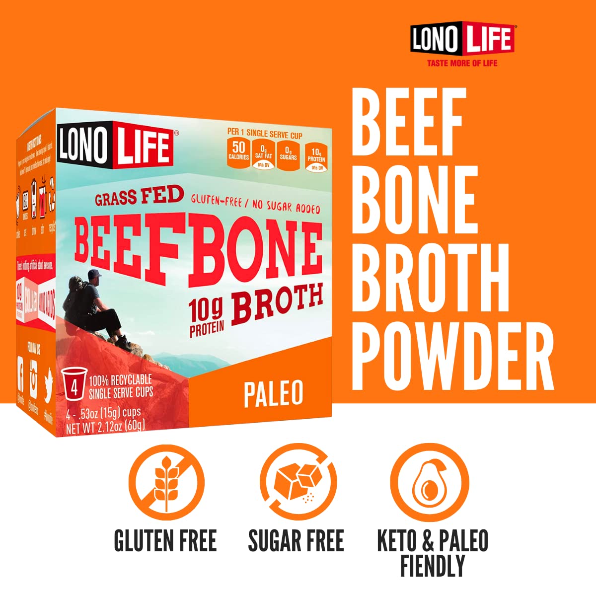 LonoLife Grass-Fed Beef Bone Broth Powder Mix - 10g Protein, Collagen Rich, Keto & Paleo Friendly - 10 Single-Serve Cups - Natural Ingredients for Soups, Stews & Healthy Lifestyle