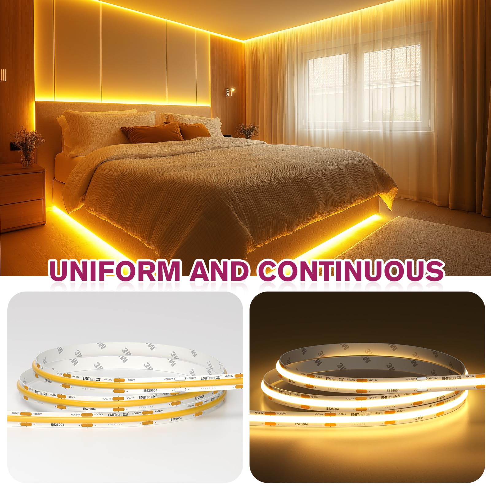 Premium EMITEVER COB LED Strip Lights Warm White 2700K - High Density 360+ Lumens/ft, 2560 LEDs/Spool, 16.4ft/5m, UL Listed - Perfect for Home Kitchen Lighting, Bedroom Ambiance, and Commercial Display (Power Supply Sold Separately)