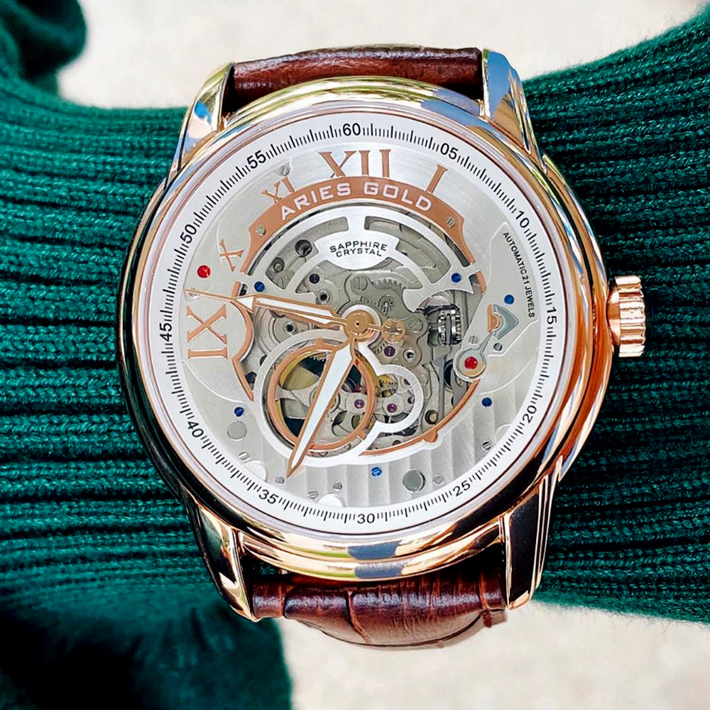 ARIES GOLD INFINUM EL TORO Rose Gold Men's Watch with Genuine Brown Leather Strap - Luxury Dress Watch for Business, Formal Occasions & Gifts
