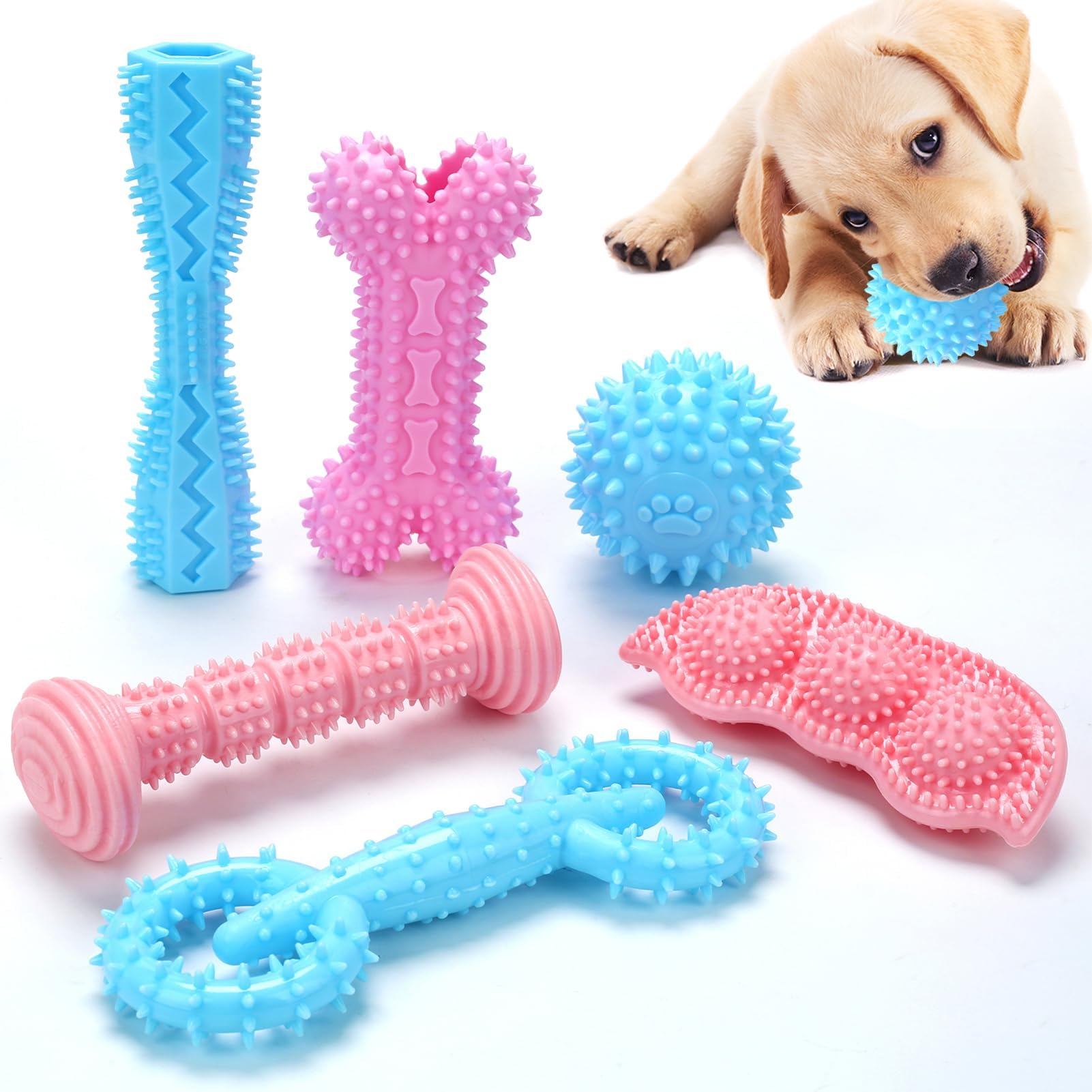 6 Pack Puppy Chew Toys for Teething Small Dogs - Soft Rubber Interactive Puppy Toys for Small & Medium Breeds (Pink & Blue) - Perfect for Teething Relief, Boredom Busters & Training Rewards