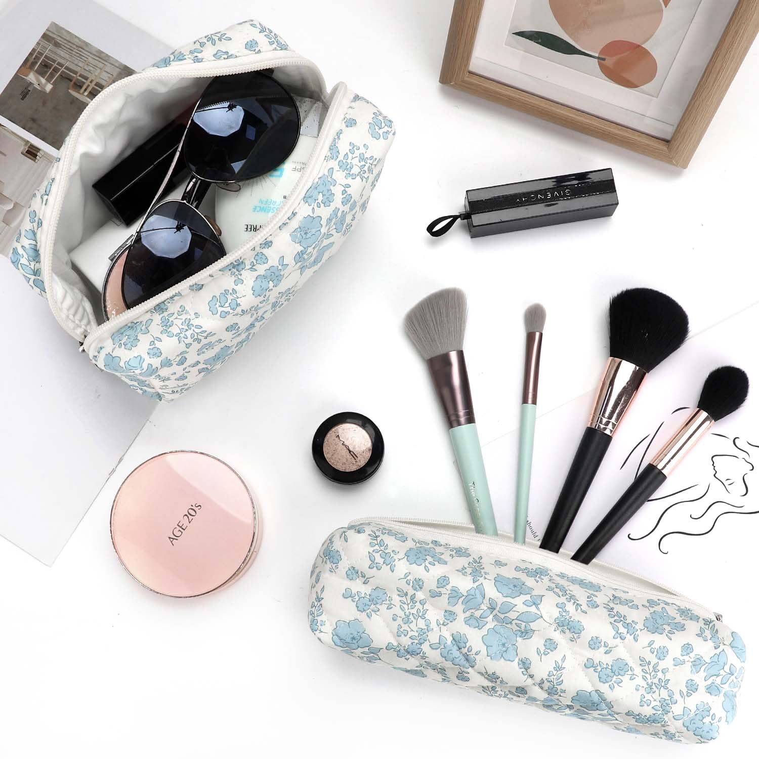 EIMMBD 3-Piece Large Waterproof Makeup Bag Set for Women | Travel Cosmetic Organizer Pouch (Blue & White) | Perfect for Travel, Gym, Daily Storage & Beauty Essentials | Great for Vacation Packing, Toiletry Storage, Makeup Artist Kits & On-the-Go Organization | Compact & Spacious Design for Cosmetics, Skincare & Personal Care Items
