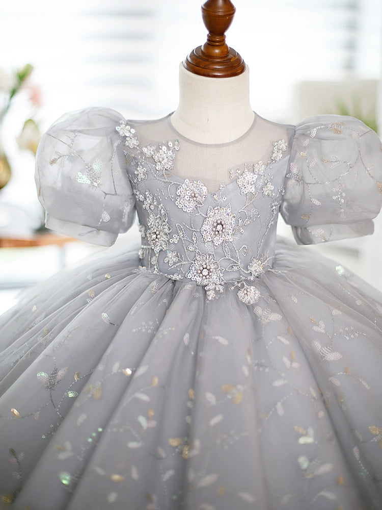 Elegant Grey Organza Flower Girl Dress - Princess Round Tea-Length for Weddings & Special Occasions