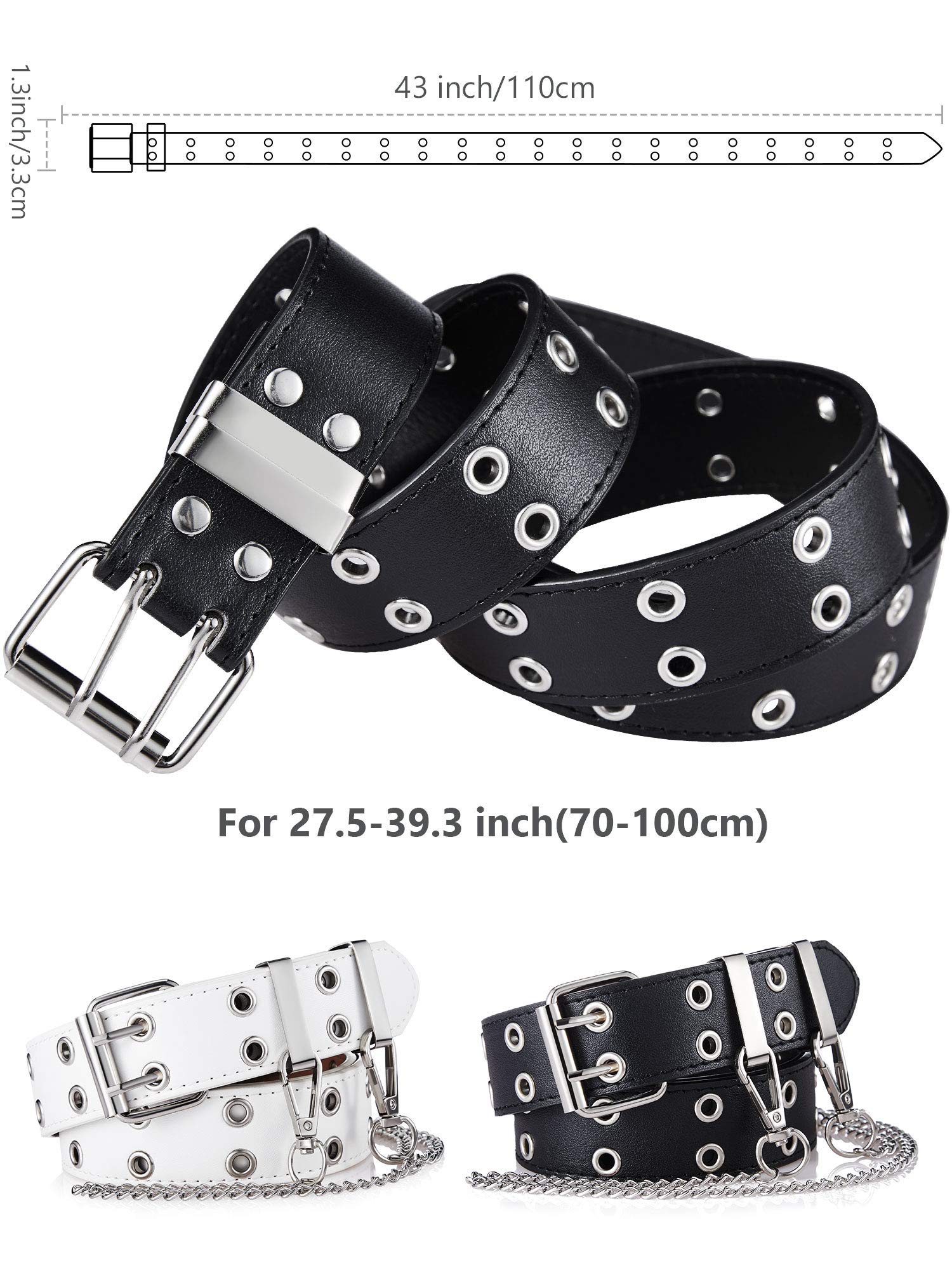 SATINIOR Women's Punk Double Grommet Leather Belt with Prong Buckle - Adjustable Waist Belt for Jeans (White/Black, Medium) | Perfect for Casual Outfits, Gothic Fashion & Rock Style