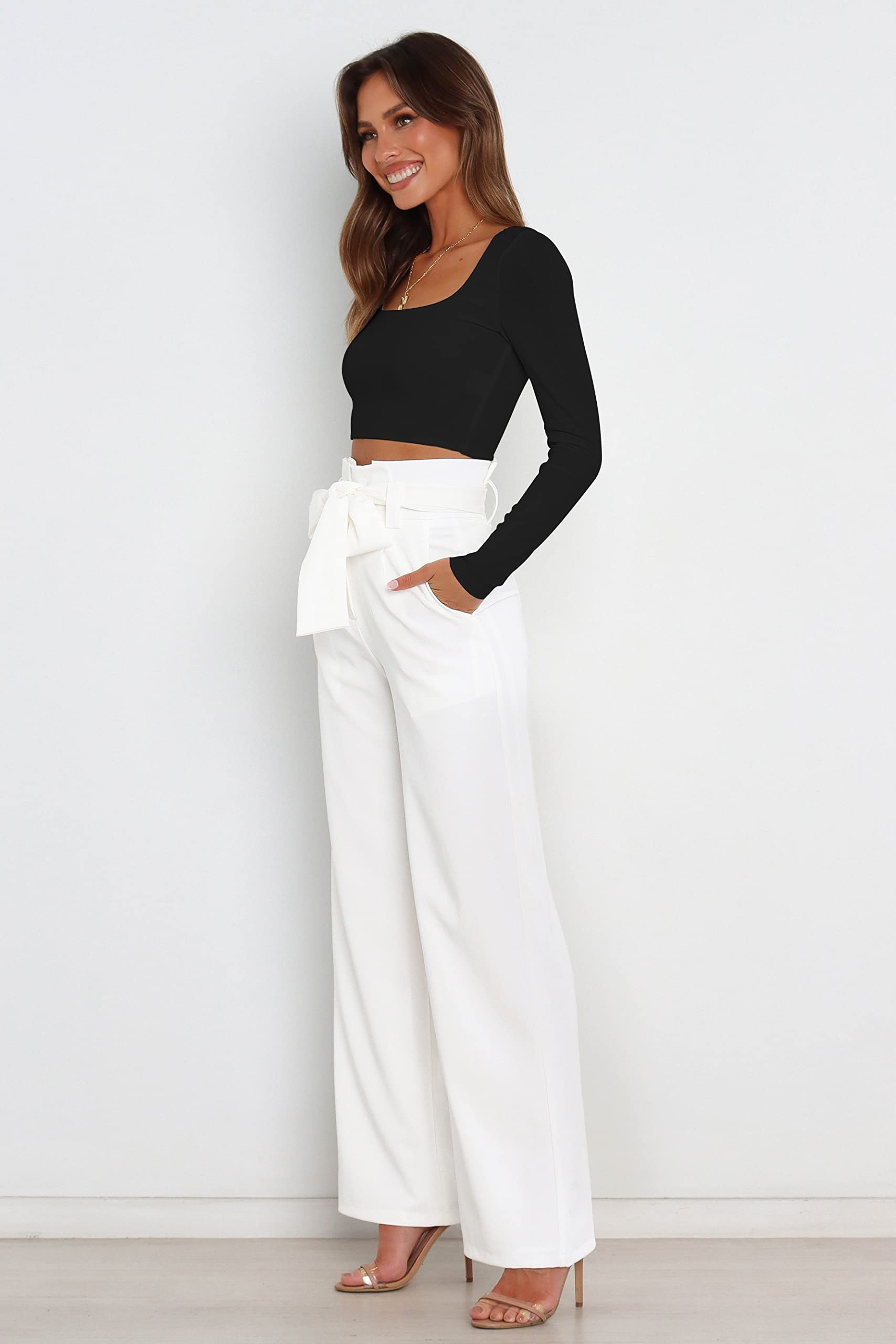 Women's High Waisted Wide Leg Palazzo Pants - Casual Belted Dress Pants for Work, Office & Travel - Comfortable Stretch Trousers for Everyday Wear