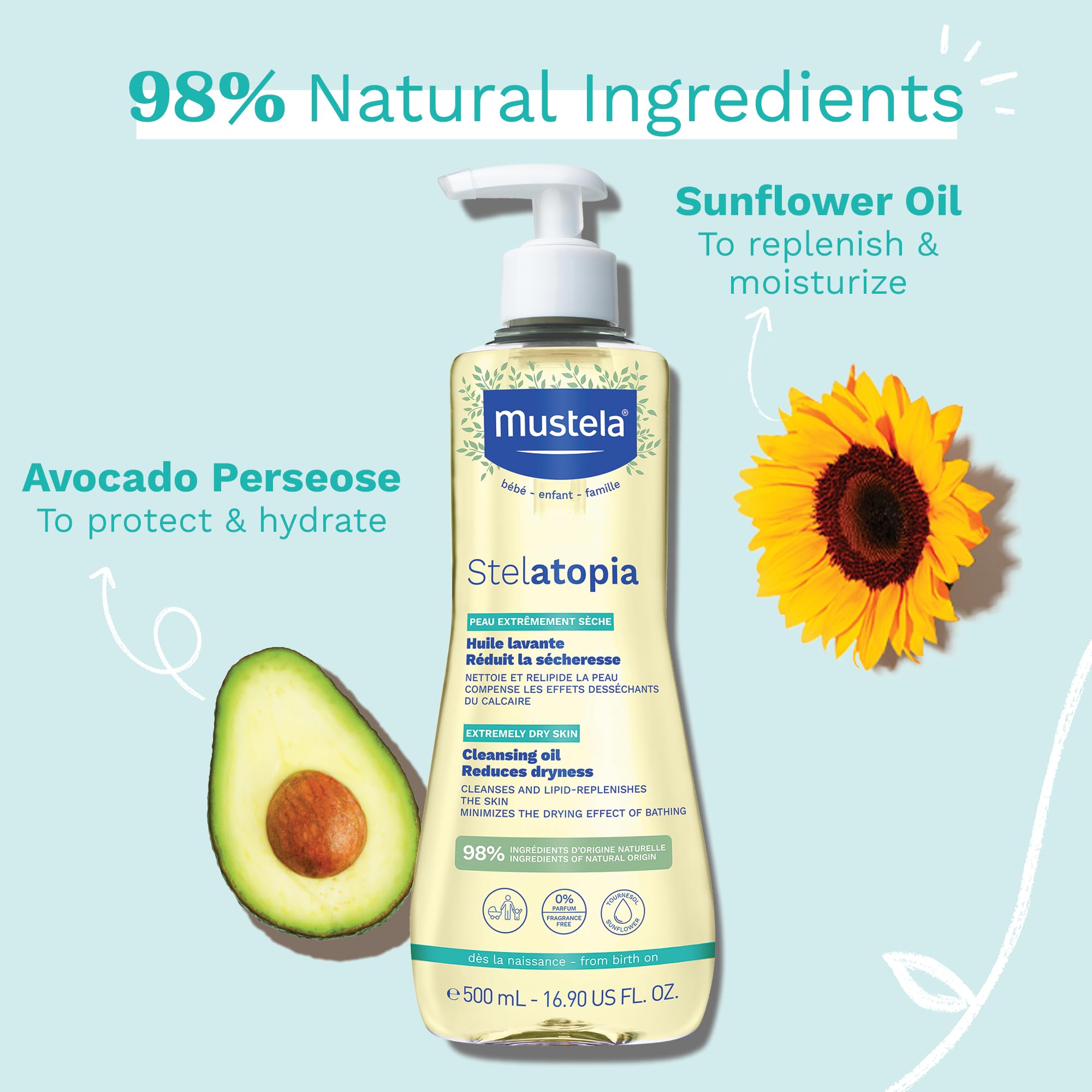 Mustela Stelatopia Eczema-Prone Baby Cleansing Oil | Natural Avocado & Sunflower Oil Body Wash | Fragrance-Free, Tear-Free & EWG Verified | 16.9 fl oz | Gentle Skin Care for Babies & Sensitive Skin | Perfect for Bath Time & Daily Cleansing Routine