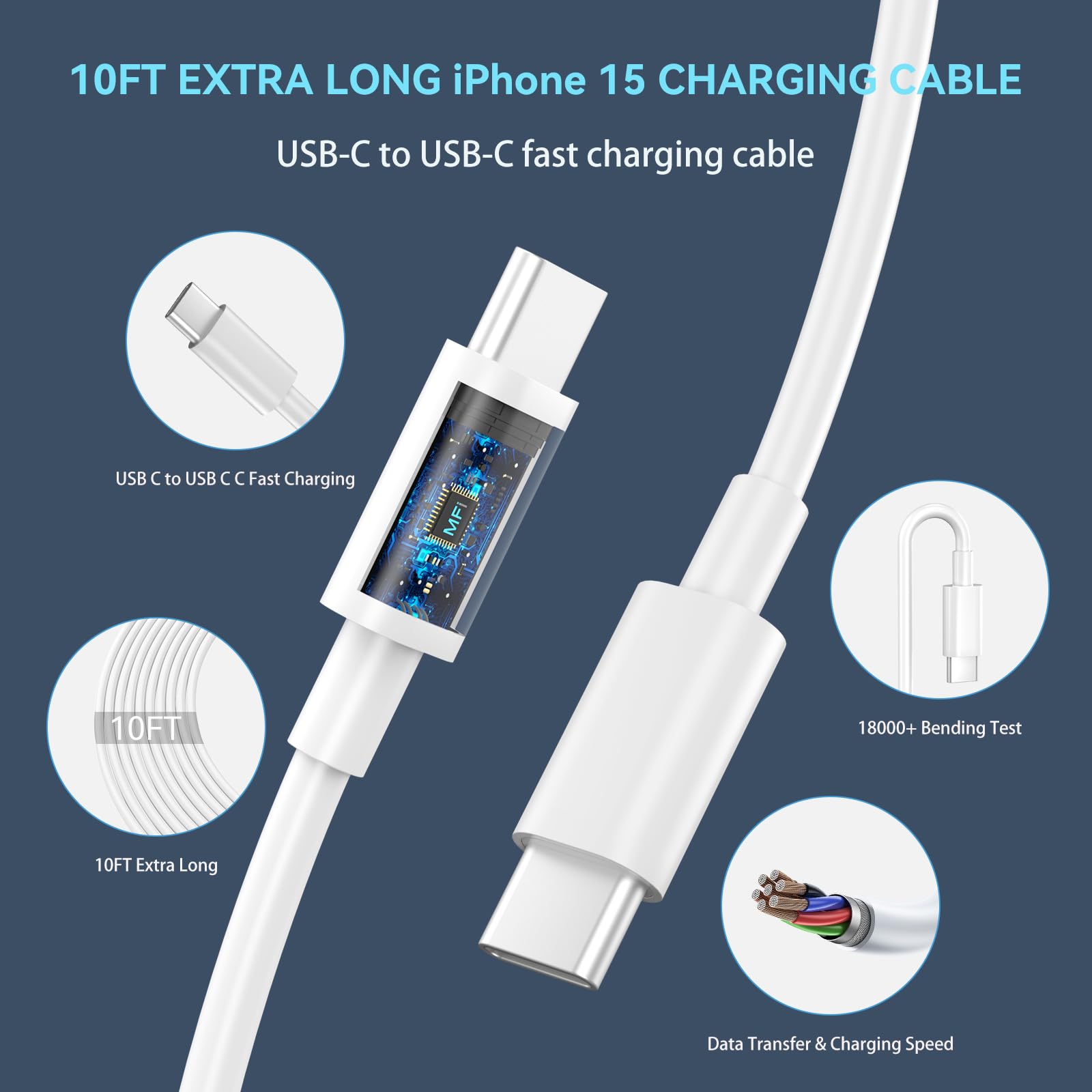 30W USB C Fast Charger Block for iPhone 16/15 Pro Max - 10FT Long Type C Charging Cable - Compatible with iPhone 16 Pro Max/16 Pro/16 Plus/15 Pro Max/15 Pro/15 - Fast Charging Power Adapter for Home, Office & Travel