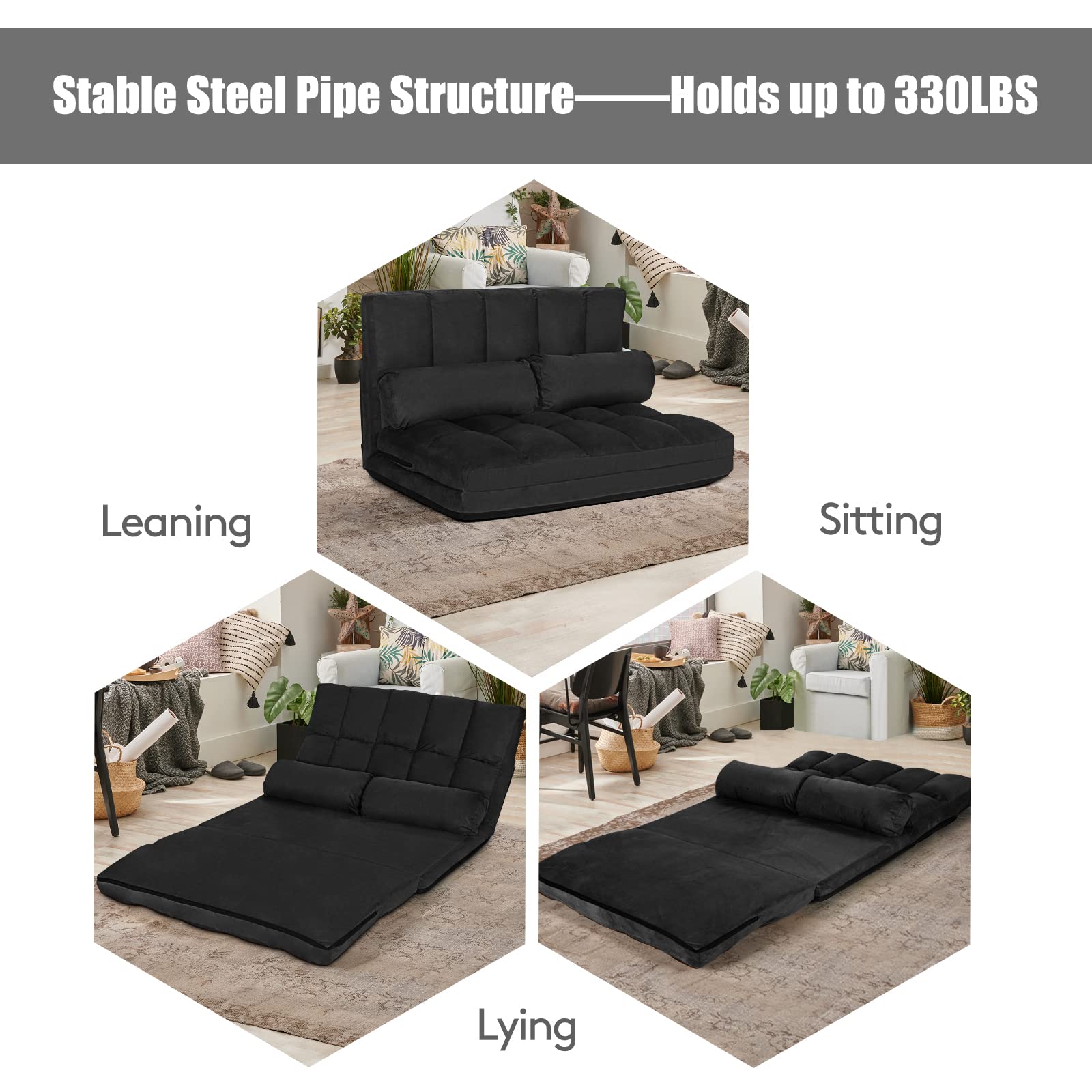 Giantex Adjustable Floor Sofa Bed - 6-Position Foldable Lazy Couch with 2 Pillows, Durable Suede Fabric for Living Room, Bedroom, or Dorm - Perfect for Lounging, Napping & Small Space Living (Black)