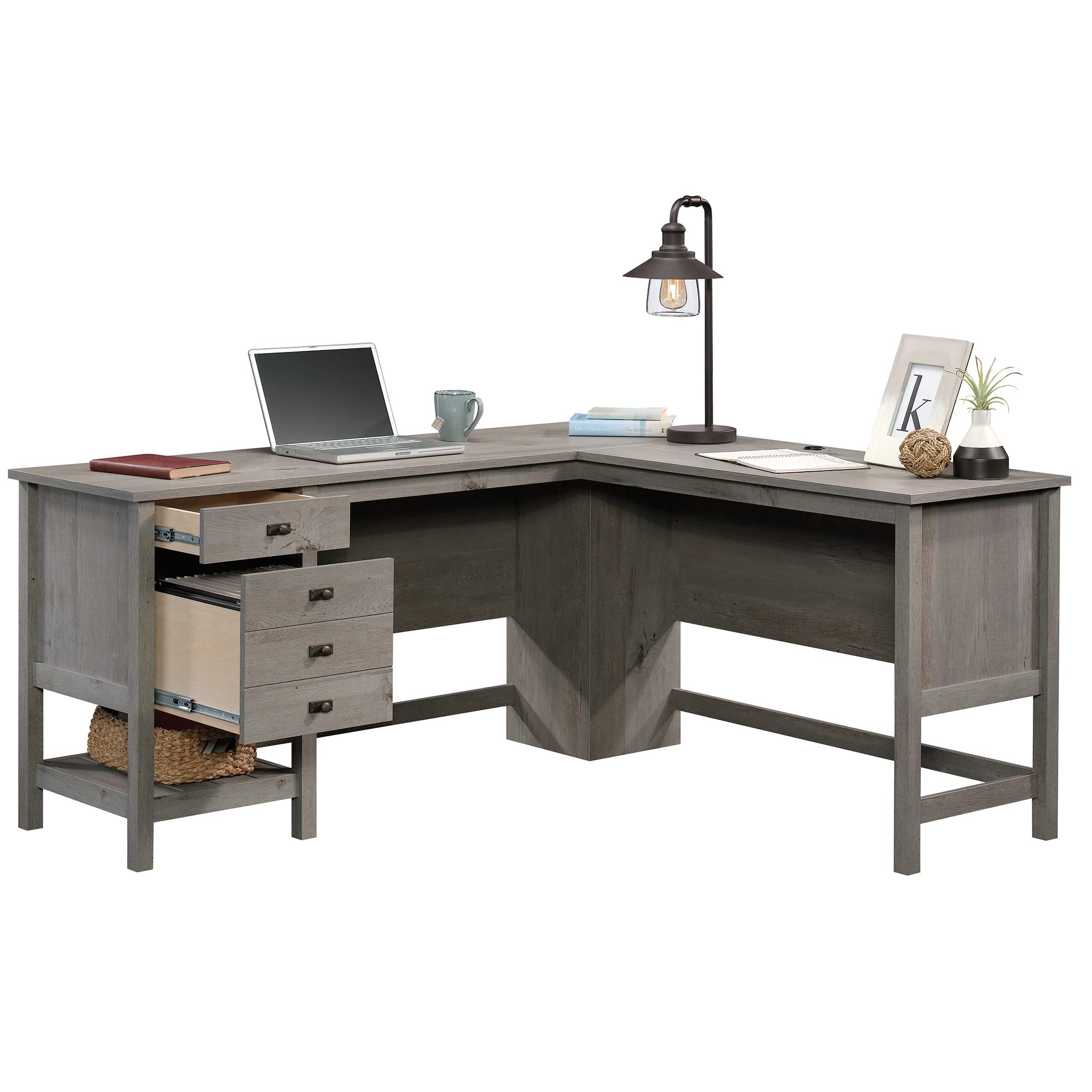 Sauder Cottage Road L-Shaped Computer Desk with Drawers & File Cabinet - Home Office Desk with Cable Management in Mystic Oak Finish - Perfect for Small Spaces & Remote Work