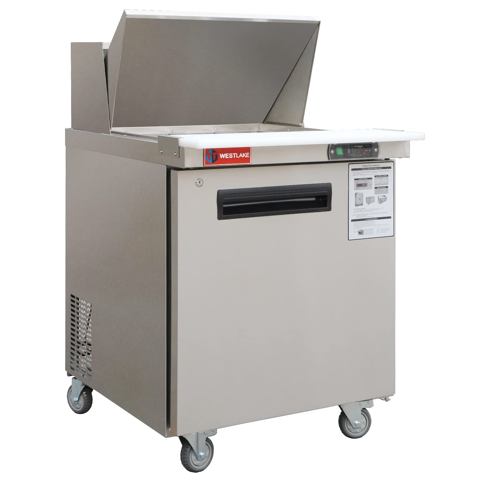 WESTLAKE 27-Inch Commercial Refrigerator - Stainless Steel Sandwich & Salad Prep Table with 12 Pans, Large Capacity Countertop Cooler for Restaurants, Cafes & Delis | Perfect for Food Storage, Meal Prep & Buffet Service