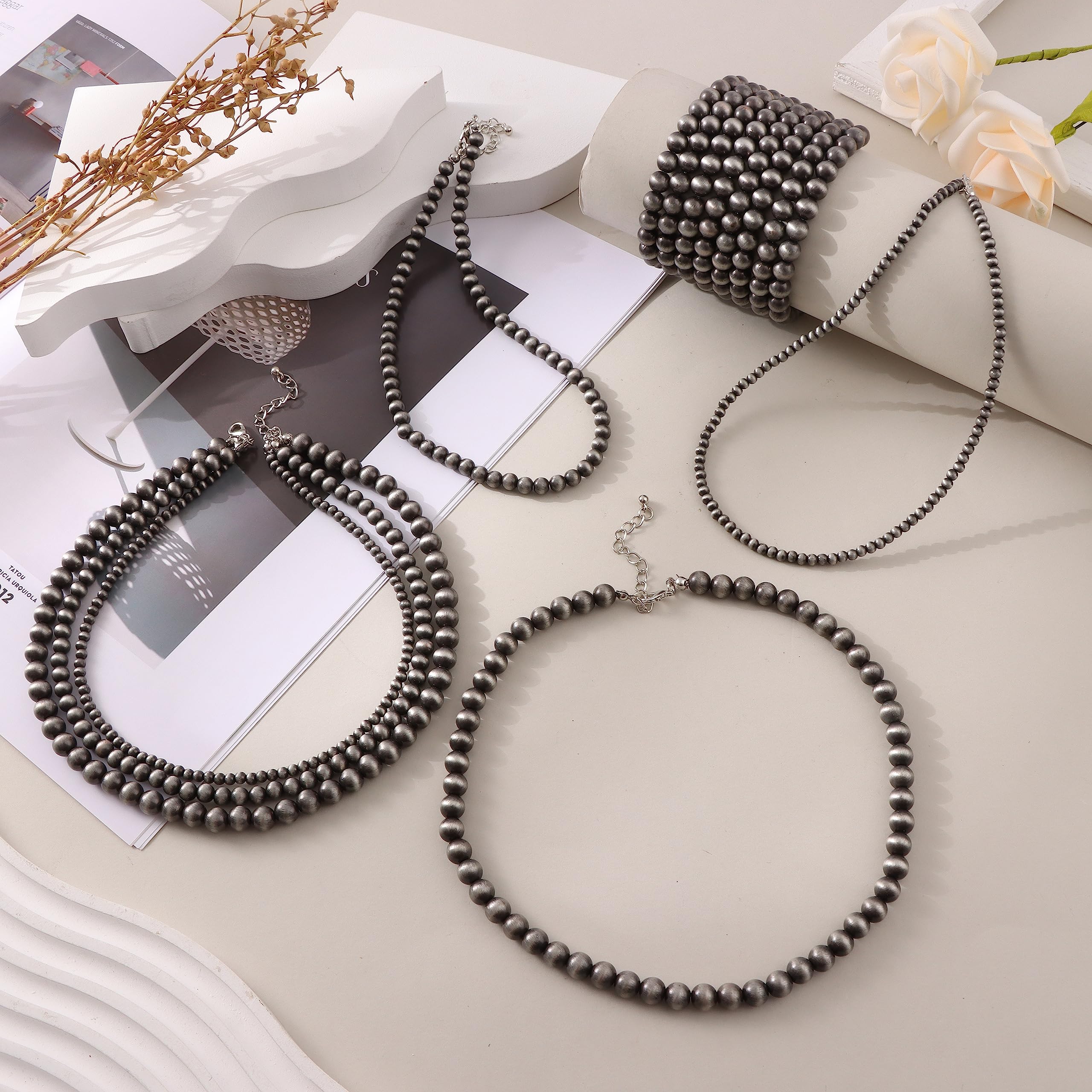 5Pcs Western Jewelry Navajo Pearl Necklace for Women - Boho Vintage Beaded Choker Jewelry Set - Perfect for Country Music Festivals, Cowgirl Outfits & Western Themed Parties