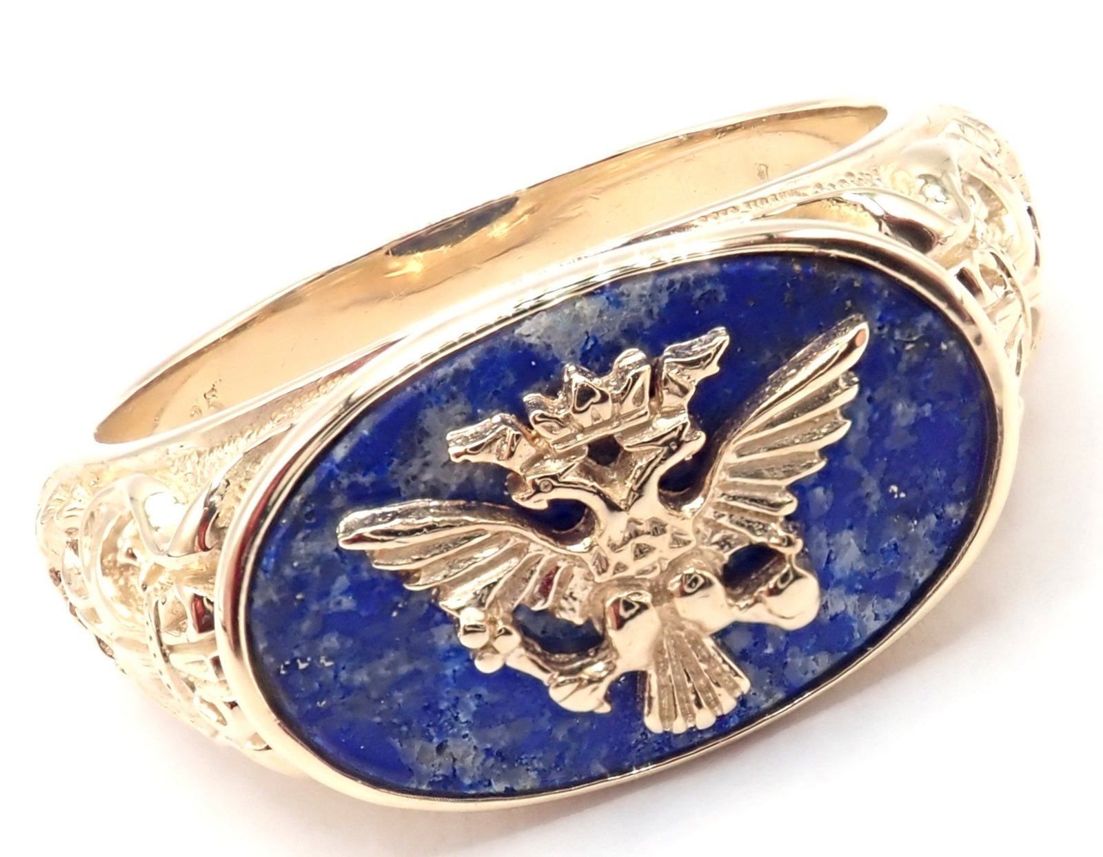 Authentic Franklin Mint Faberge Imperial Eagle 14k Yellow Gold Lapis Ring - Luxury Vintage Jewelry for Collectors & Special Occasions