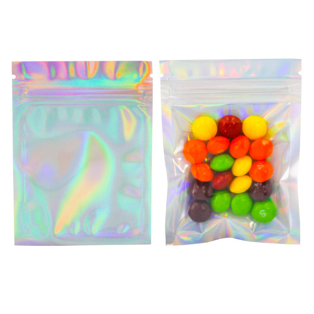 100 Pack 3.3x5.1 Inch Holographic Resealable Mylar Bags - Food Safe Ziplock Storage Pouches for Snacks, Coffee, Tea & Herbs | Airtight & Moisture Proof Packaging Solution