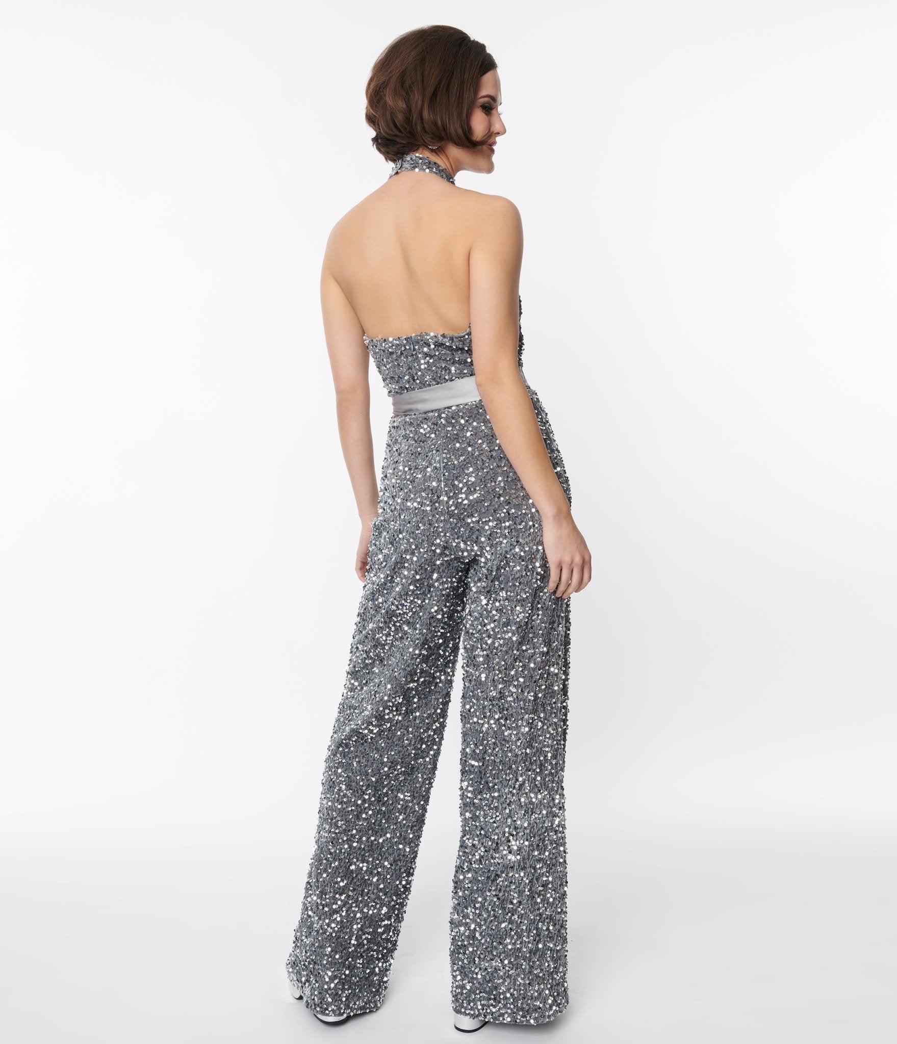 Smak Parlour Silver Sequin Glamour Goddess Jumpsuit for Women - Sparkly Party Outfit for Nightclub, Prom, or Special Events
