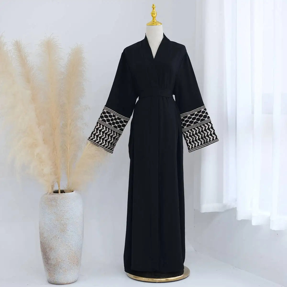 Elegant Muslim Women's Open Abaya Dress with Embroidery Sleeves - Modest Islamic Clothing for Prayer, Eid & Special Occasions