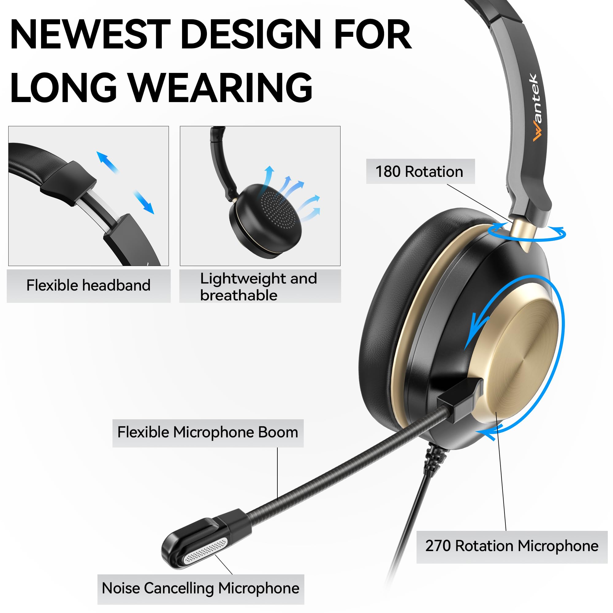Wantek USB Headset with Noise Cancelling Microphone - 3-in-1 Type C/USB/3.5mm Jack Single Ear Headset with Volume Control - Perfect for Call Centers, Skype, Zoom Meetings, Office & Remote Work