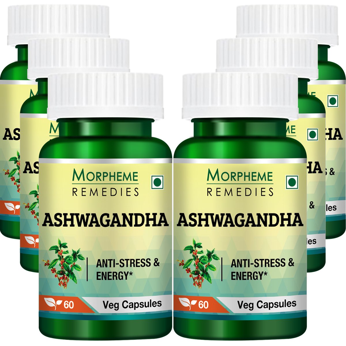 Morpheme Ashwagandha (Withania somnifera) 500mg Extract - 60 Vegan Capsules (6 Bottles) for Stress Relief, Sleep Support & Immune Boost - Perfect for Daily Wellness & Natural Energy