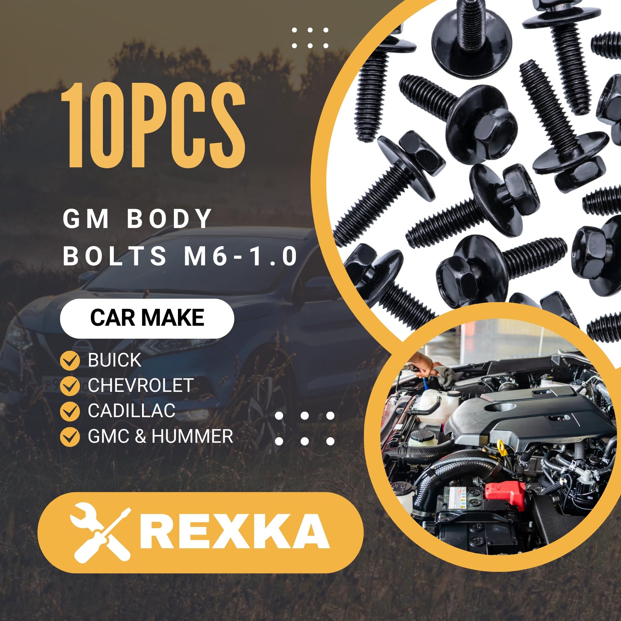 Rexka 10pcs M6 1.0 X 25mm Metric Hex Head Sems Bolts Body Screws - Compatible with GMC Buick Chevrolet Cadillac 11503834, 20351035 - Perfect for Auto Repair, DIY Projects & Vehicle Maintenance