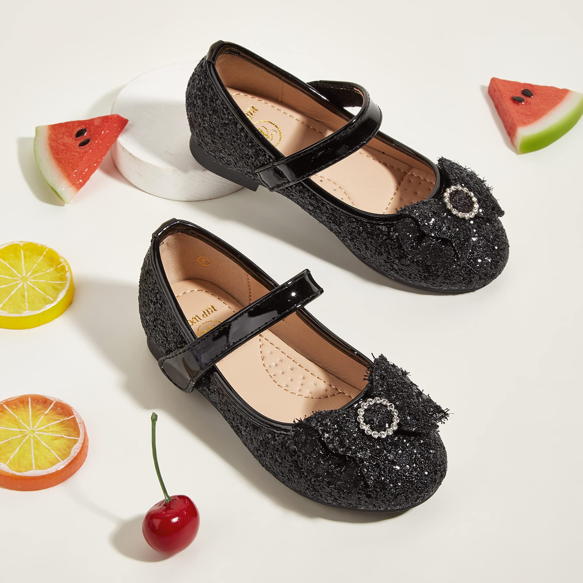 K KIP WOK Toddler Girl Mary Jane Dress Shoes - Sparkly Glitter Flats with Flower Accents for Ballet, Wedding & Special Occasions - Perfect for Pageants, Parties & Dress-Up Play