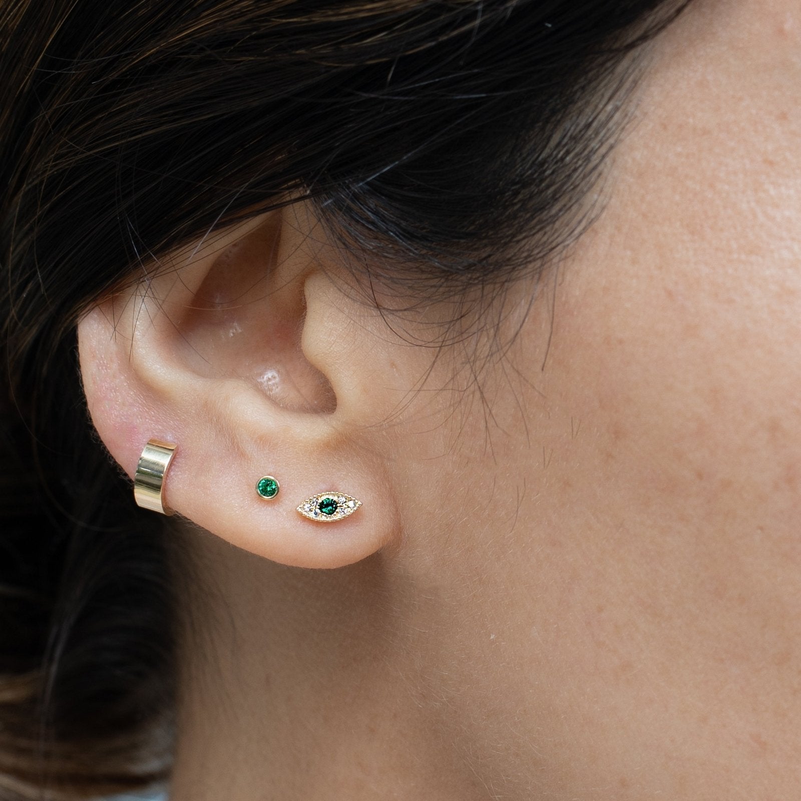 14K Yellow Gold Emerald Evil Eye Flat Back Stud Earrings for Women - Protection Jewelry for Everyday Wear & Gift Giving