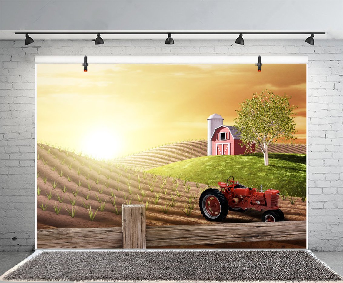 7x5ft Farm Photography Backdrop - Sunrise Countryside Landscape with Barn, Tractor & Truck for Newborn, Family & Maternity Photo Shoots | Studio Props for Rustic, Agriculture & Rural Themed Sessions