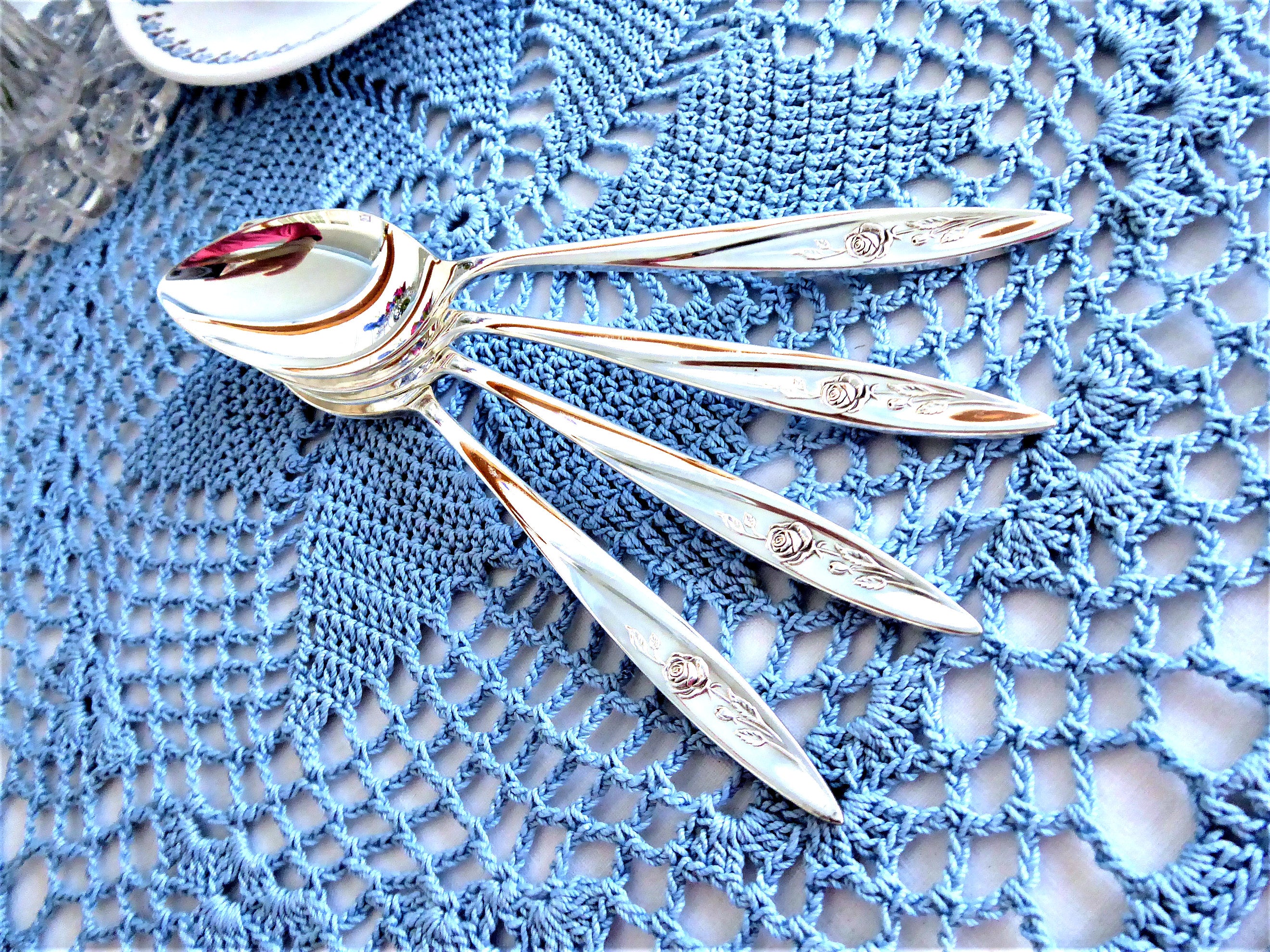 Vintage 1960s Mid Century Modern Silver Teaspoons Set of 4 - Morning Rose Pattern - Perfect for Tea Parties, Bridal Showers & Antique Collectors