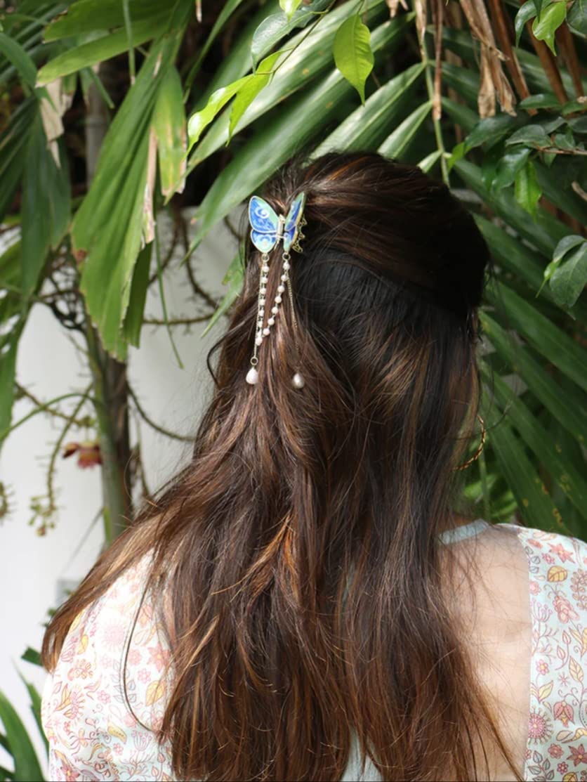 PLUCKET® Rhinestone Butterfly Hair Clips with Pearl Tassel - Small Hair Claw Barrettes for Women & Girls - Blue Hair Accessories for Parties, Weddings & Everyday Styling