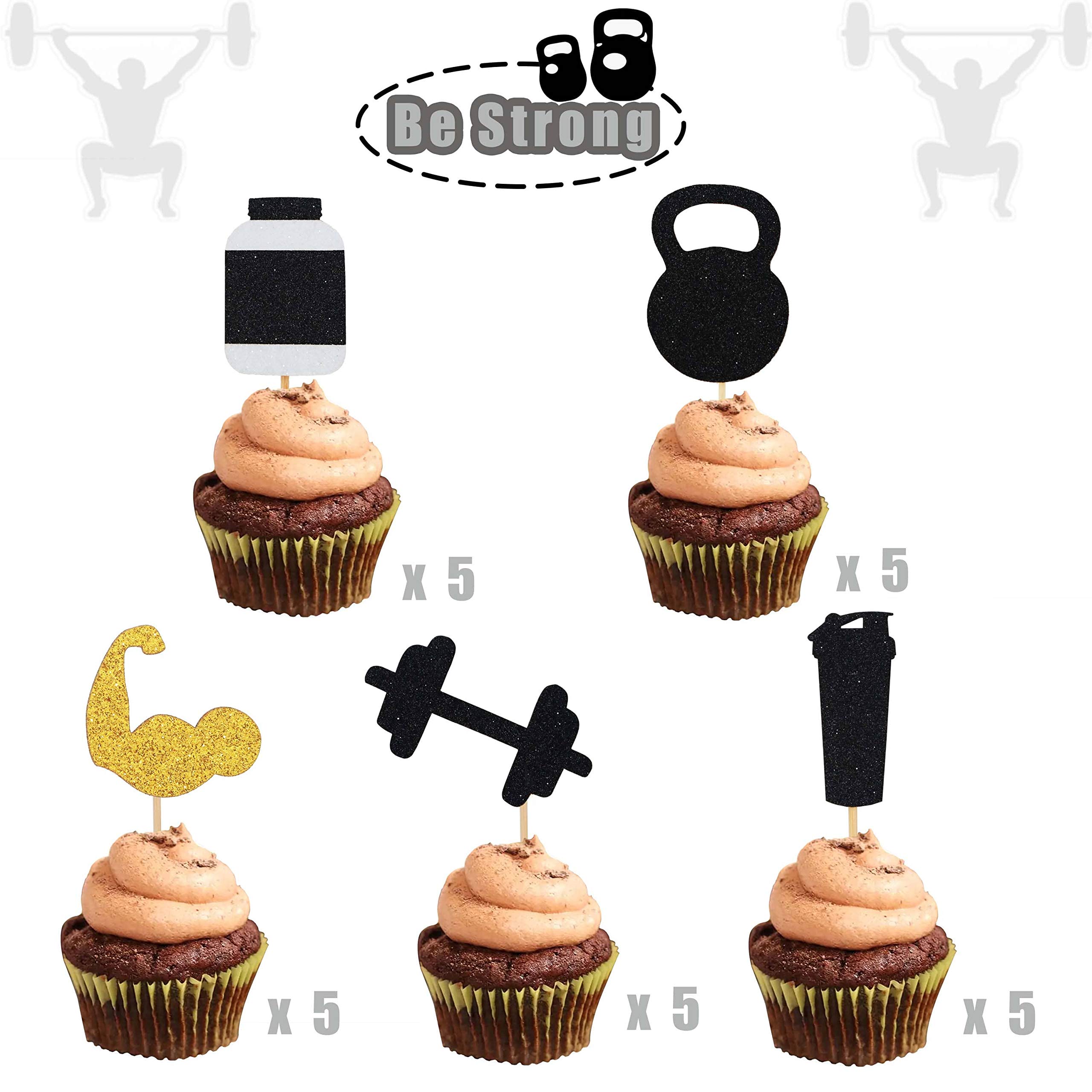 Glitter Gym Theme Cupcake Toppers - Weight Lifting & CrossFit Party Decorations - Fitness Themed Birthday Party Supplies for Gym Enthusiasts - Perfect for CrossFit Celebrations, Bodybuilding Parties & Workout Themed Events