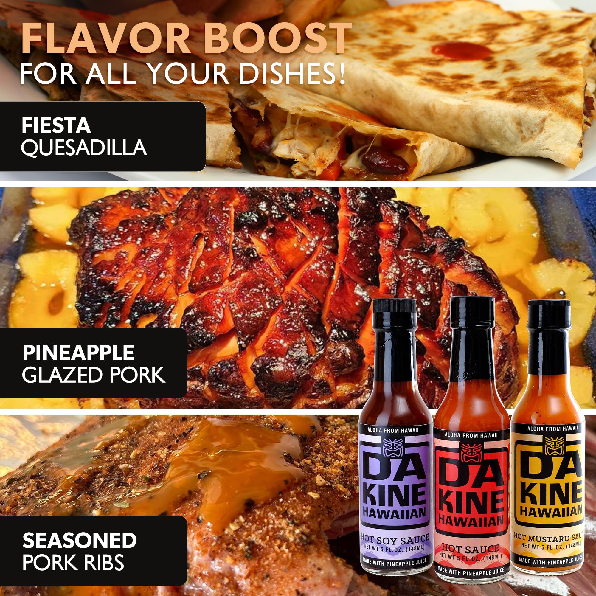 Da Kine Hawaiian Hot Sauce Sampler Set of 3 - Hot Soy, Mustard & Classic Flavors - Pineapple Juice Infused for Meat Tenderizing - Perfect for Marinades, Dipping & BBQ, Grilling, Hawaiian Dishes