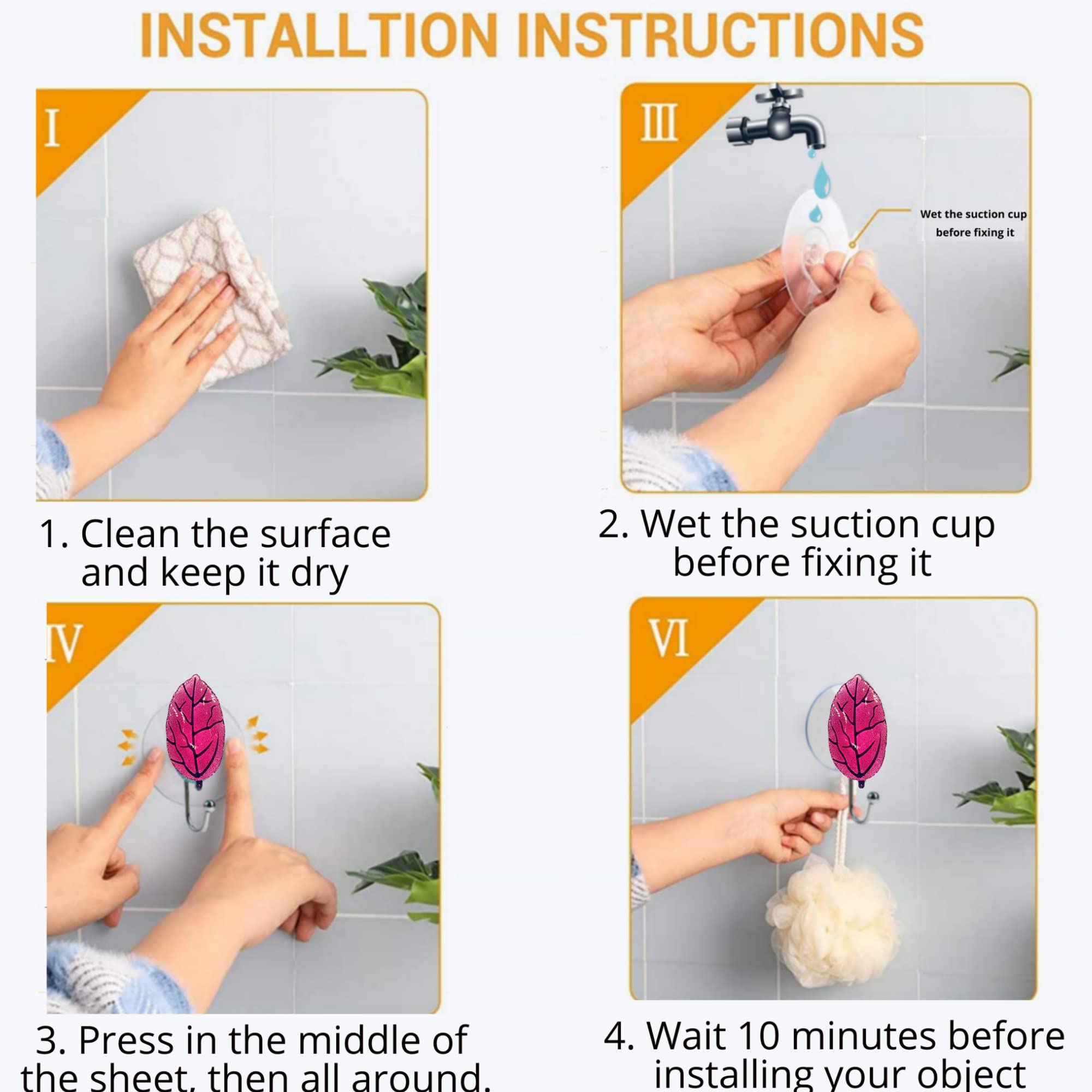IDALY Neuf 4-Pack Strong Suction Cup Hooks for Bathroom & Kitchen - Pink Towel Hangers with Hanging Loops, Shower Accessories - Perfect for Hand Towels, Robes & Bathroom Organization