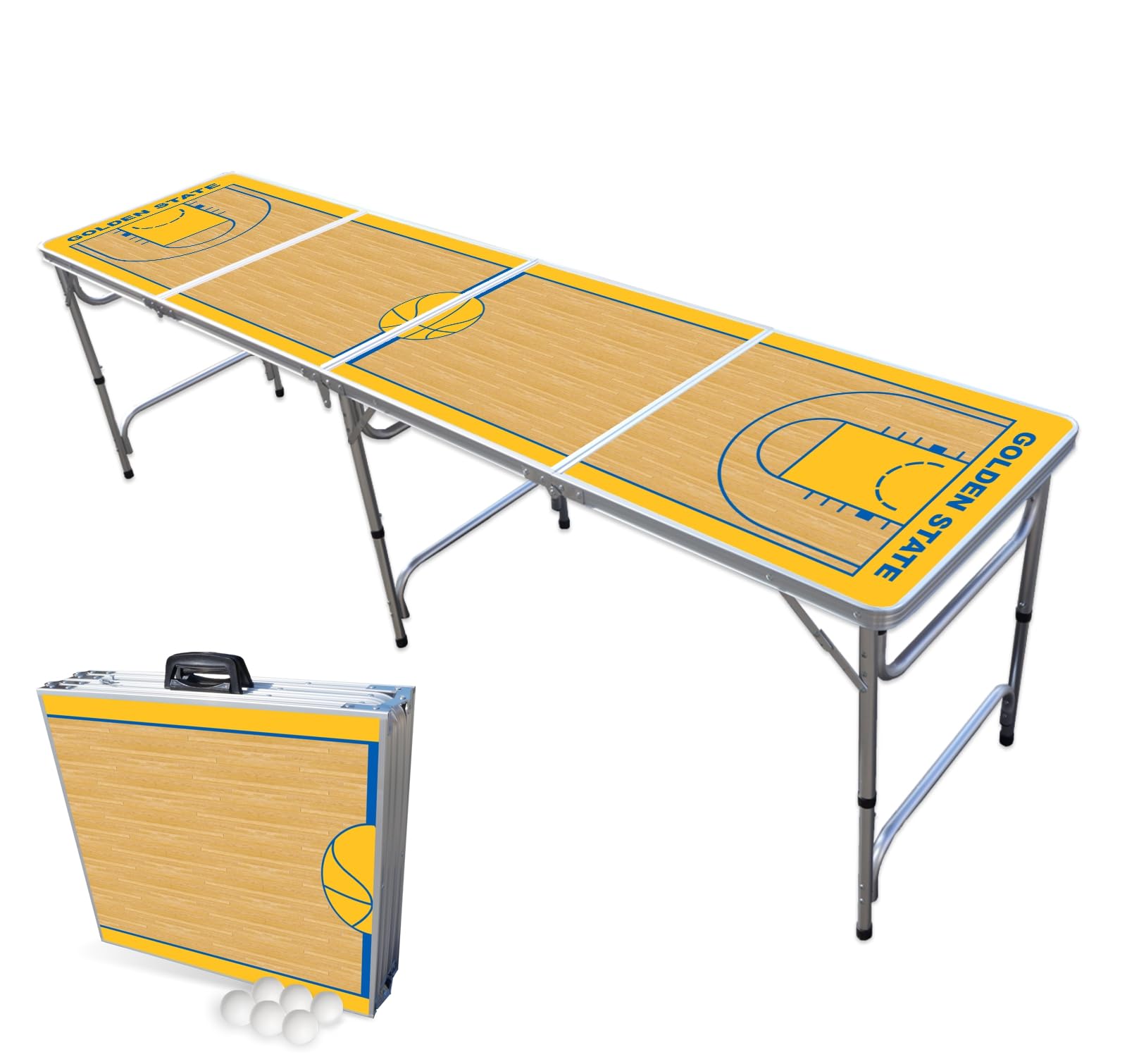 8-Foot Folding Portable Beer Pong Table with Optional Cup Holes & LED Lights - Golden State Basketball Court Design | Indoor & Outdoor Party Game for College Dorms, Tailgates, and Backyard Gatherings