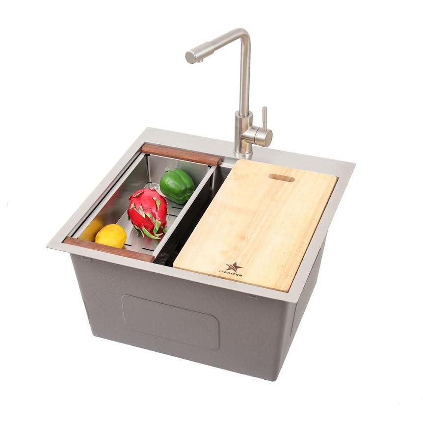 Premium 304 Stainless Steel Single Bowl Workstation Sink - Topmount/Drop-in Design for Kitchen, Yard, Bar, Laundry & Office - Includes Grid, Colander, Cutting Board & Strainer (22