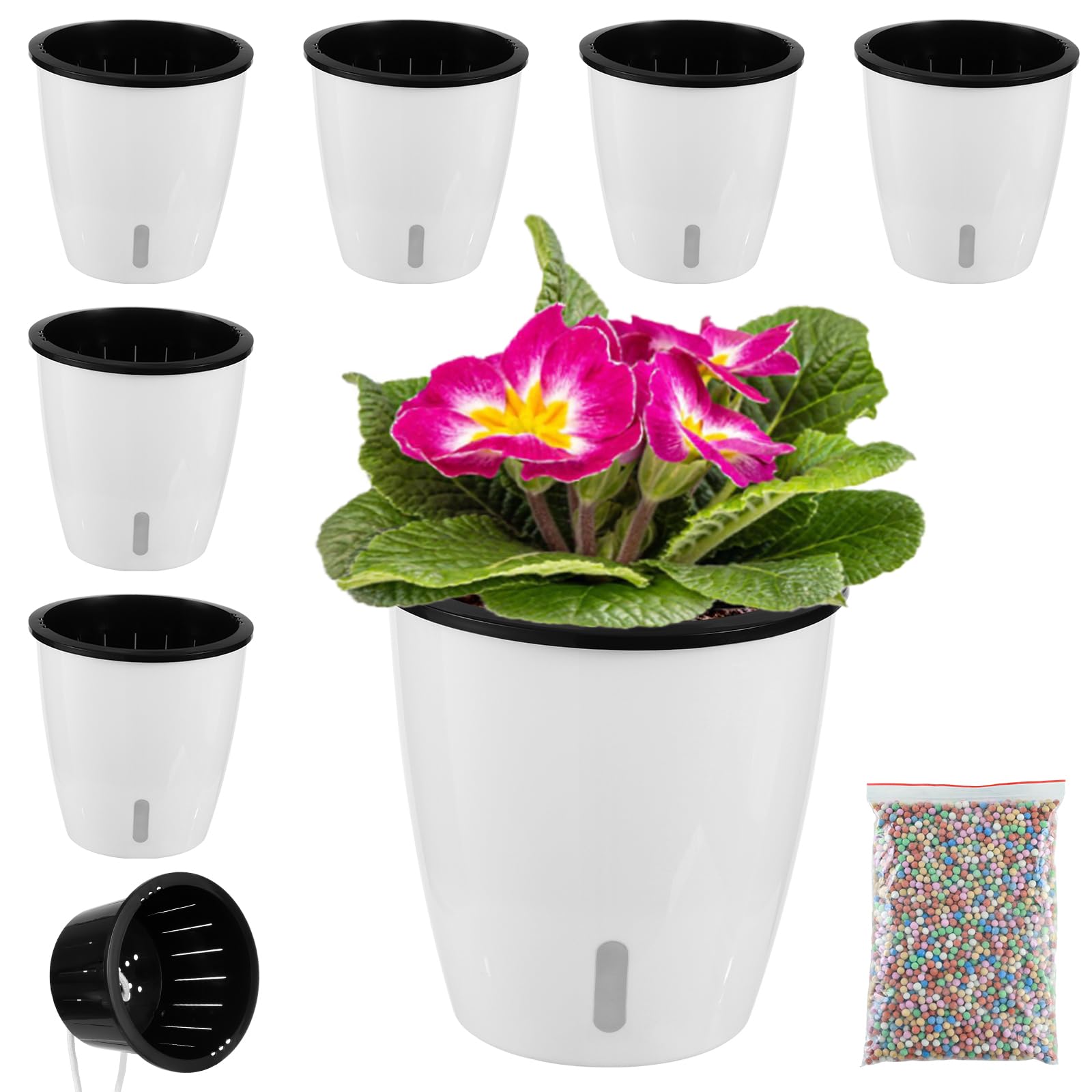 Planterhoma 5 Inch Self Watering Plant Pots - 6 Pack African Violet Pots with Water Level Indicator, Drainage Holes & Wick System - Ideal for Orchids, Devil's Ivy, Succulents & Indoor Plants - Perfect for Home, Office & Garden Decor