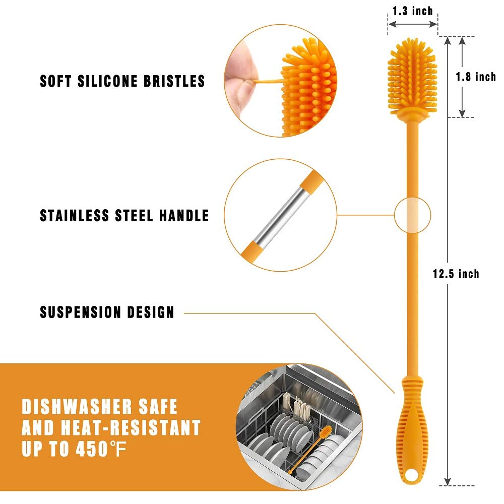 Long Handle Silicone Bottle Brush - Clean Baby, Hydro Flask & Sports Bottles Easily for Home & Travel