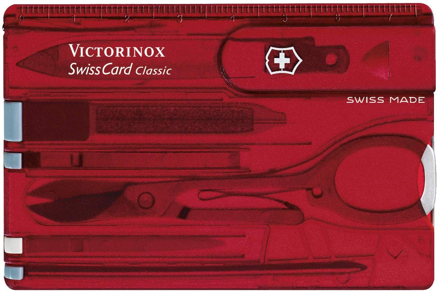Swiss Card Translucent Red Blister Pack - Compact Multi-Tool Credit Card with 13 Functions | Perfect for Travel, Camping, EDC & Everyday Carry Essentials
