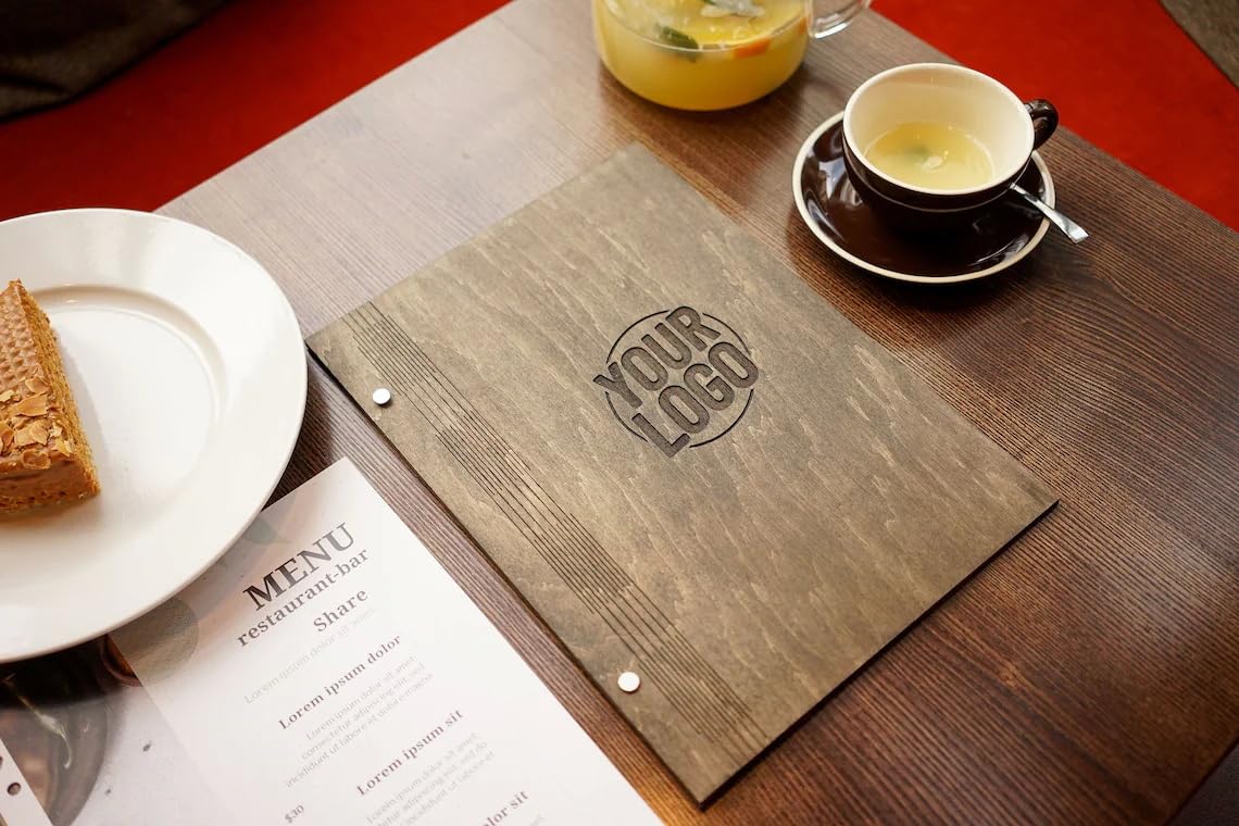 Custom Engraved Wooden Menu Holder - Personalized Wedding Menu Cover with Laser Engraving (6.7x9 inch, Nut Wood) - Perfect for Wedding Receptions, Restaurants & Special Events