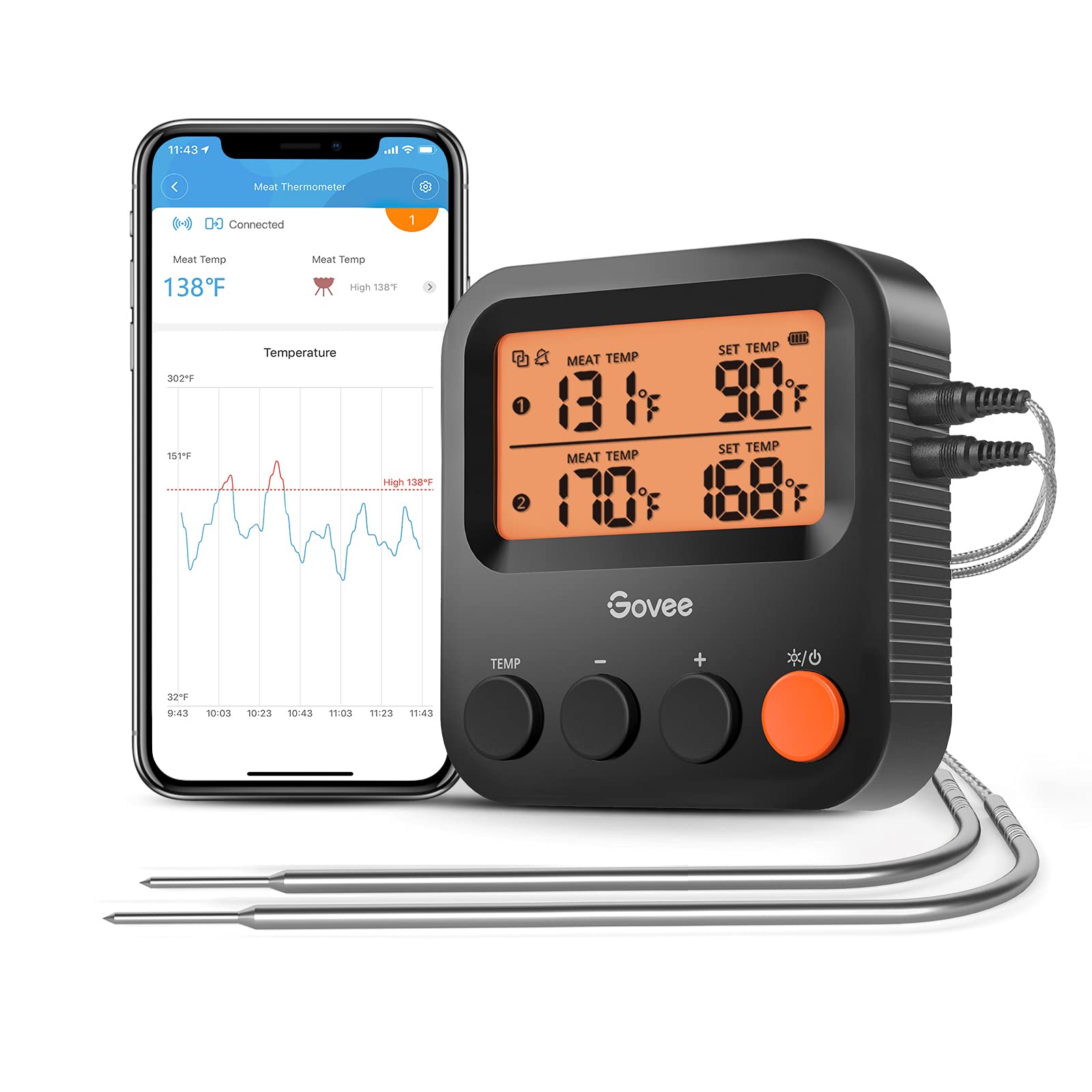 Govee Bluetooth Meat Thermometer - Wireless Grill Thermometer with 230ft Range, Digital Cooking Thermometer with Smart Alerts & Temperature Probe for BBQ, Smoker, Oven & Kitchen Use - Perfect for Grilling, Smoking, Baking & Roasting