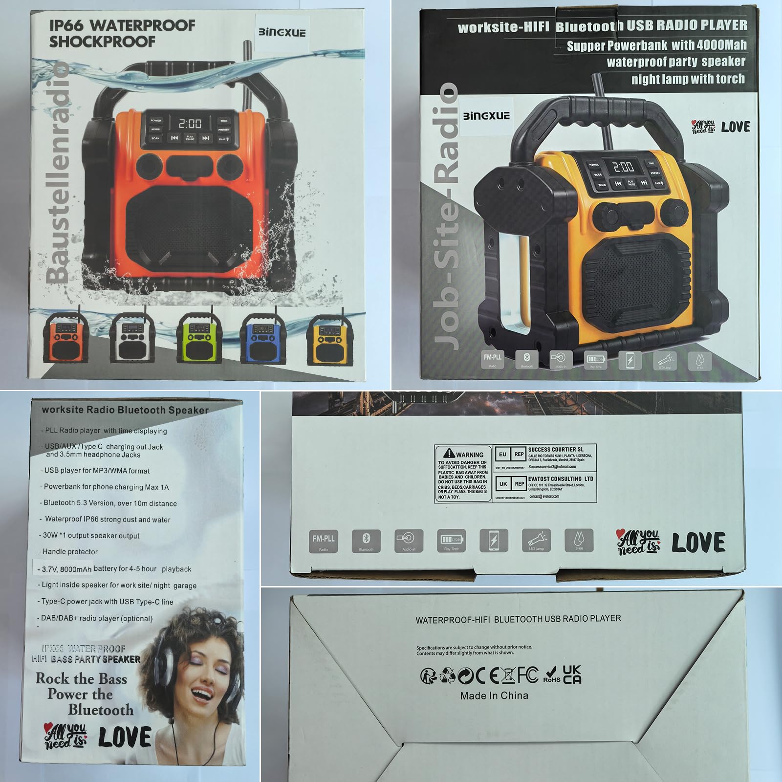 30W IPX66 Waterproof Bluetooth Jobsite Radio with FM, LED Lights & Clock - Portable Anti-Collision Speaker for Construction, Outdoor, Fishing, Camping & Parties (Yellow) | Perfect for Job Sites, Backyard BBQs & Beach Adventures