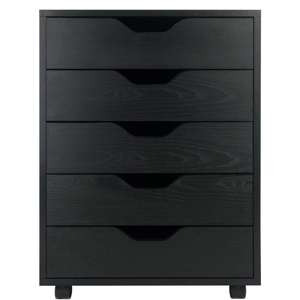 5-Drawer Mobile Wooden Filing Cabinet with Wheels - Vertical Storage Organizer for Home & Office - Black - Perfect for Documents, Files, and Office Supplies Storage