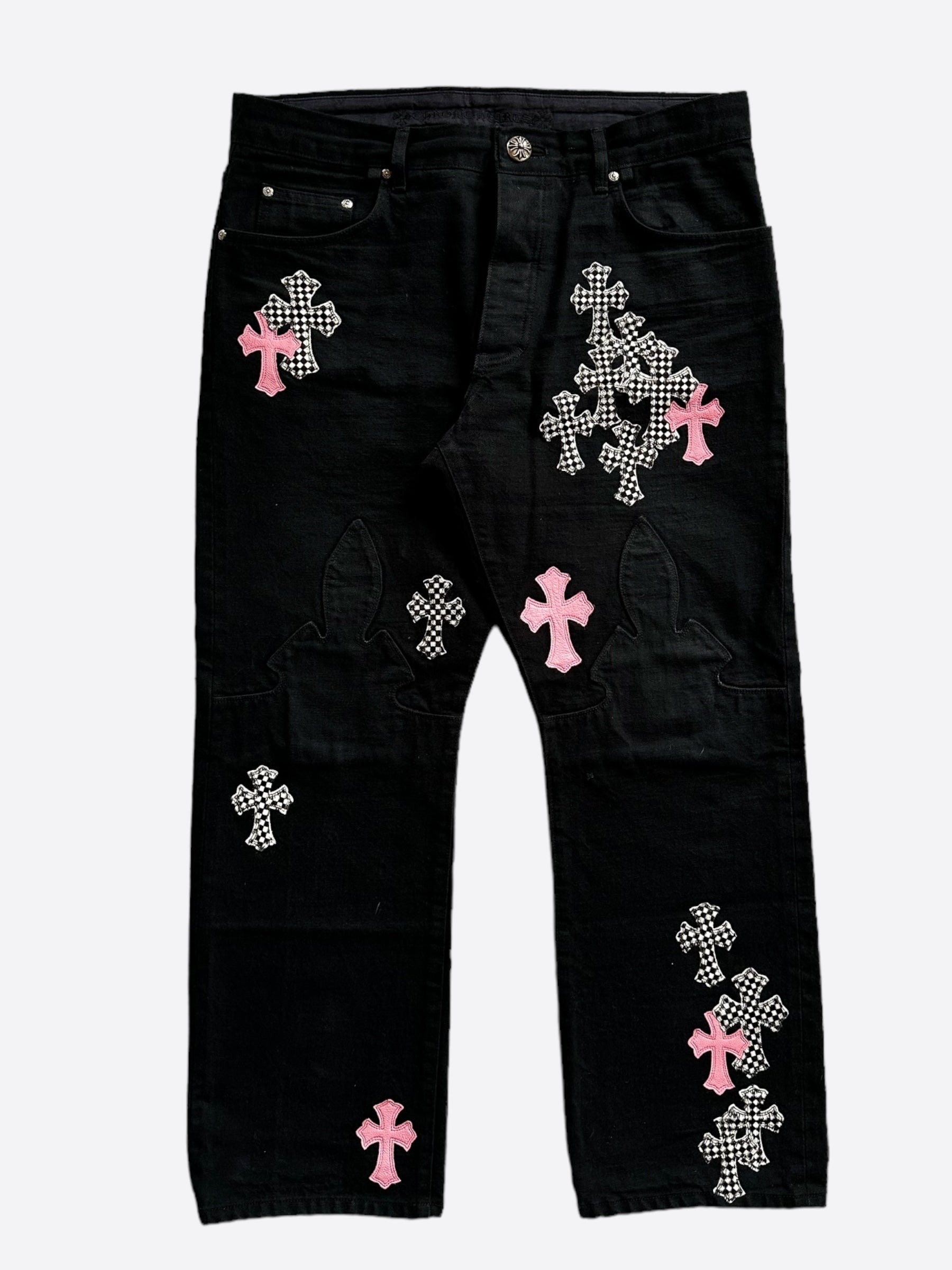 Chrome Hearts Black Pink & Checkered Cross Patch Fleur Distressed Denim Jeans for Women - Edgy Streetwear & Punk Fashion Outfits