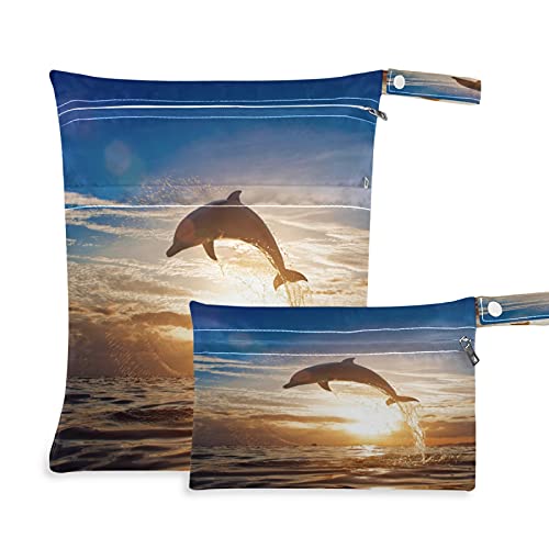 AUUXVA 2-Pack Waterproof Wet Dry Bags - Reusable Beach Pool Bag with Zippered Pockets for Swimsuits, Wet Clothes & Diapers | Cute Dolphin Sunrise Design | Perfect for Travel, Yoga, Gym & Daycare | Machine Washable