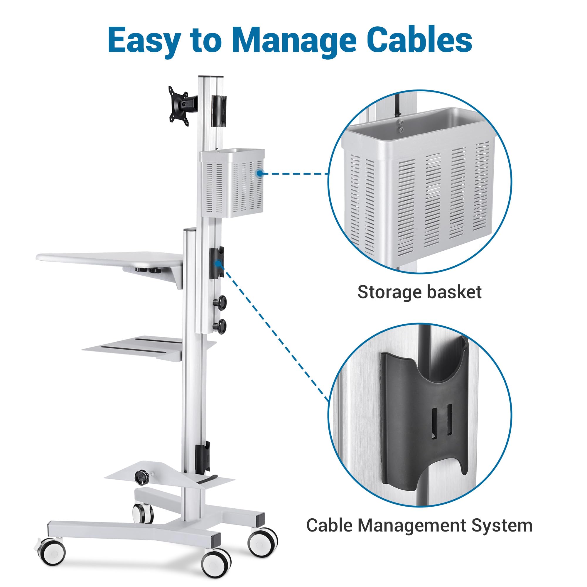 Adjustable Mobile Computer Cart with Monitor Mount & Keyboard Tray - Portable Rolling Workstation for PC, TV, Printer & CPU - Silver | Perfect for Home Office, Meetings & Retail Shops