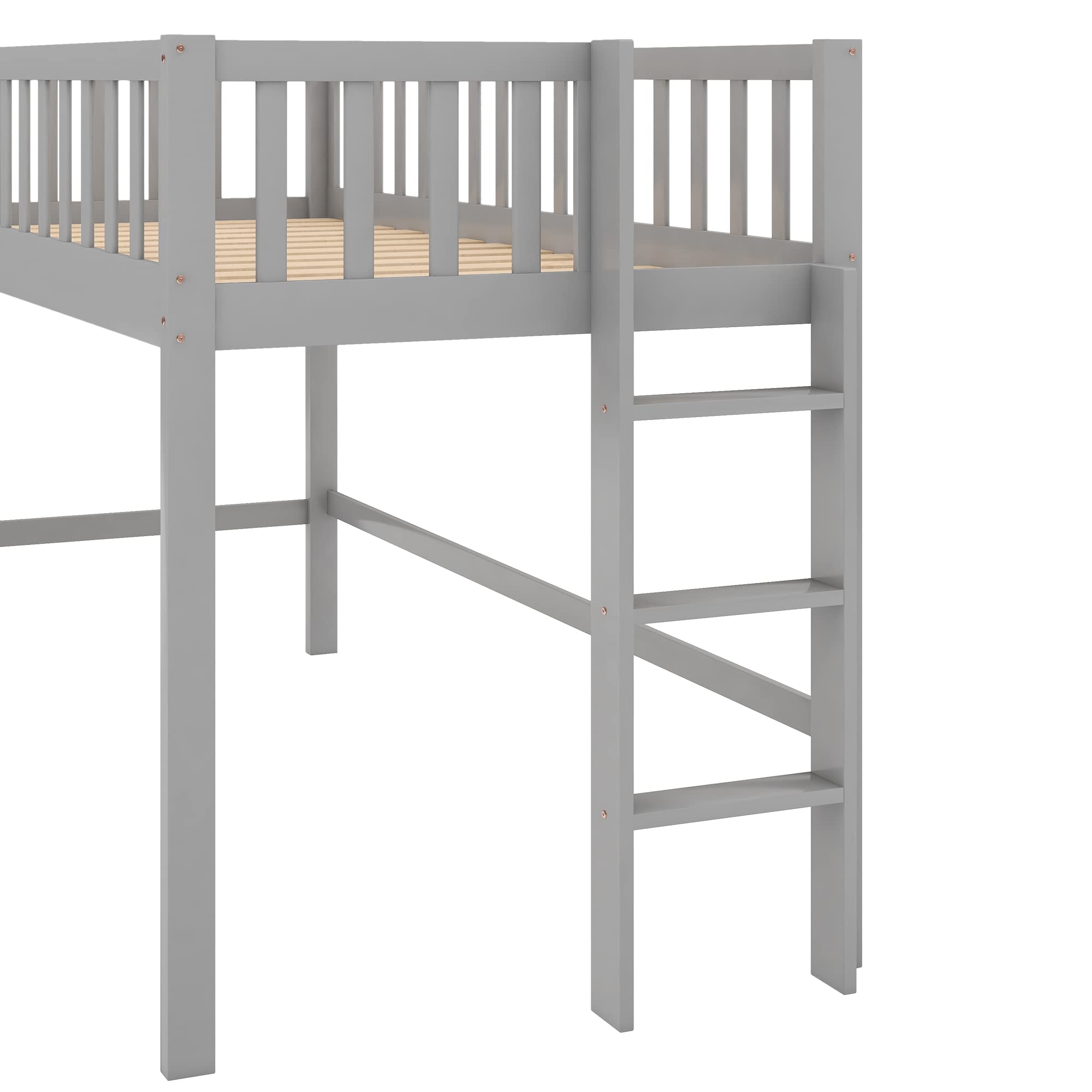 Twin Size Wooden Loft Bed with Slide - Low Bunk Bed Frame for Kids, Boys & Girls (Gray) - Perfect for Small Bedrooms, Playrooms & Kids' Sleepovers