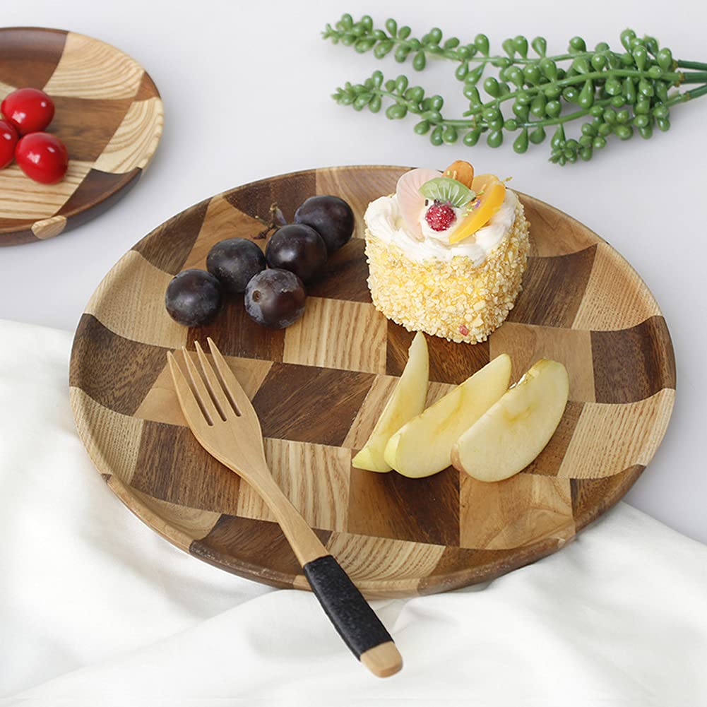 11 Inch Round Wooden Serving Tray Set - Decorative Wood Plate for Coffee, Snacks, Fruits & Desserts | Lightweight & Easy Clean Dinnerware | Perfect for Tea Parties, Breakfast in Bed & Home Decor