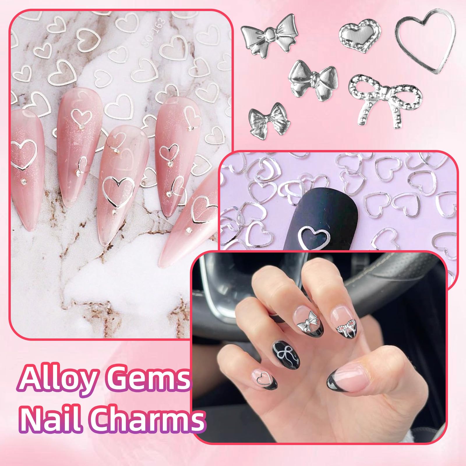 Gold Silver Bow & Heart Nail Charms - Hollow Bowknot Metal Rivet Nail Art Studs for DIY Decoration - Perfect for Nail Art, Manicures, and Creative Nail Designs (100pcs)