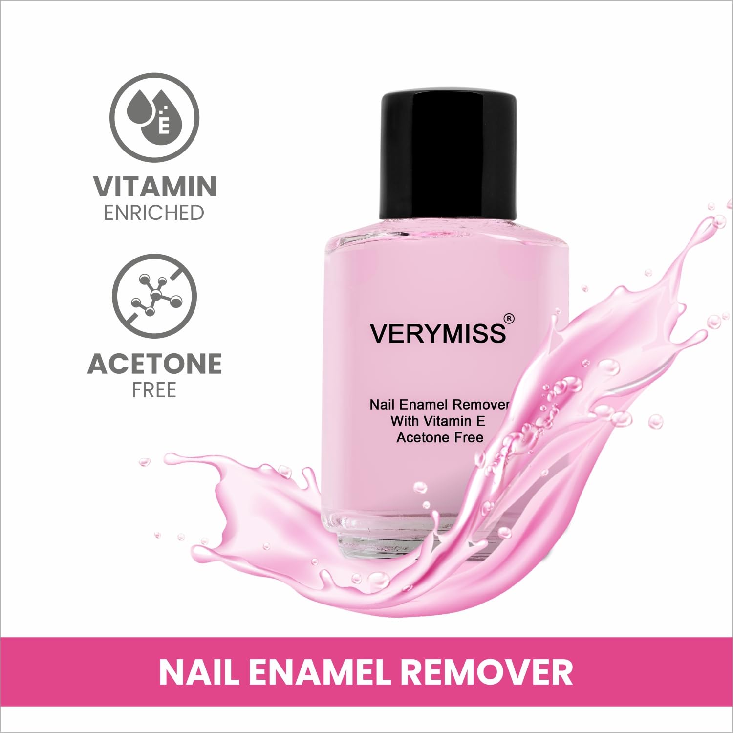 VERYMISS Pink Nail Polish Remover - Acetone Free, Vitamin E Enriched, 100% Vegan & Cruelty Free - 50ml Bottle for Gentle At-Home Manicures & Nail Care